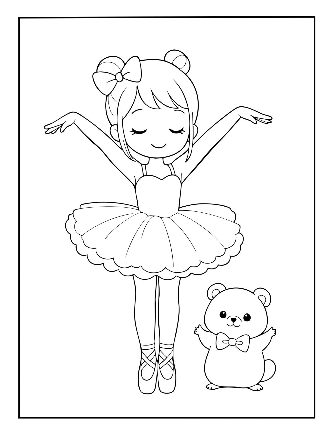 Cute ballerina coloring sheet of a ballerina and tiny hamster with bow tie.