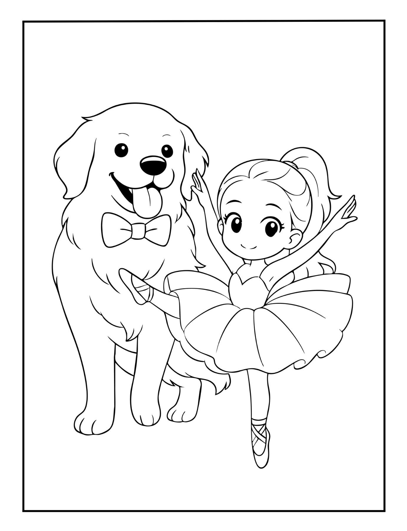 Printable ballerina coloring page featuring girl dancer and golden retriever in bow tie.