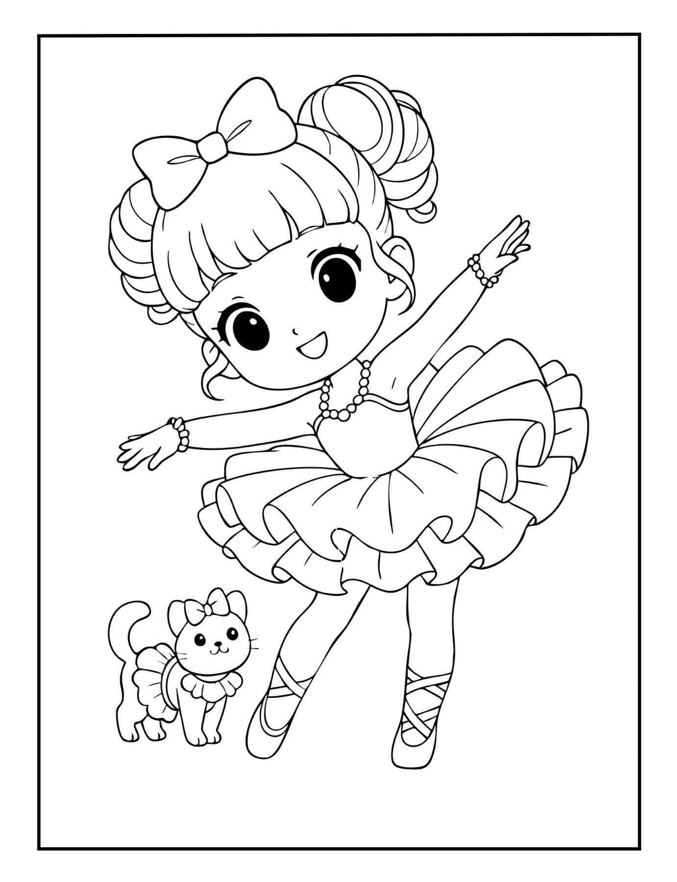 Coloring page with ballerina and kitten in tutu – free ballet printable for kids.