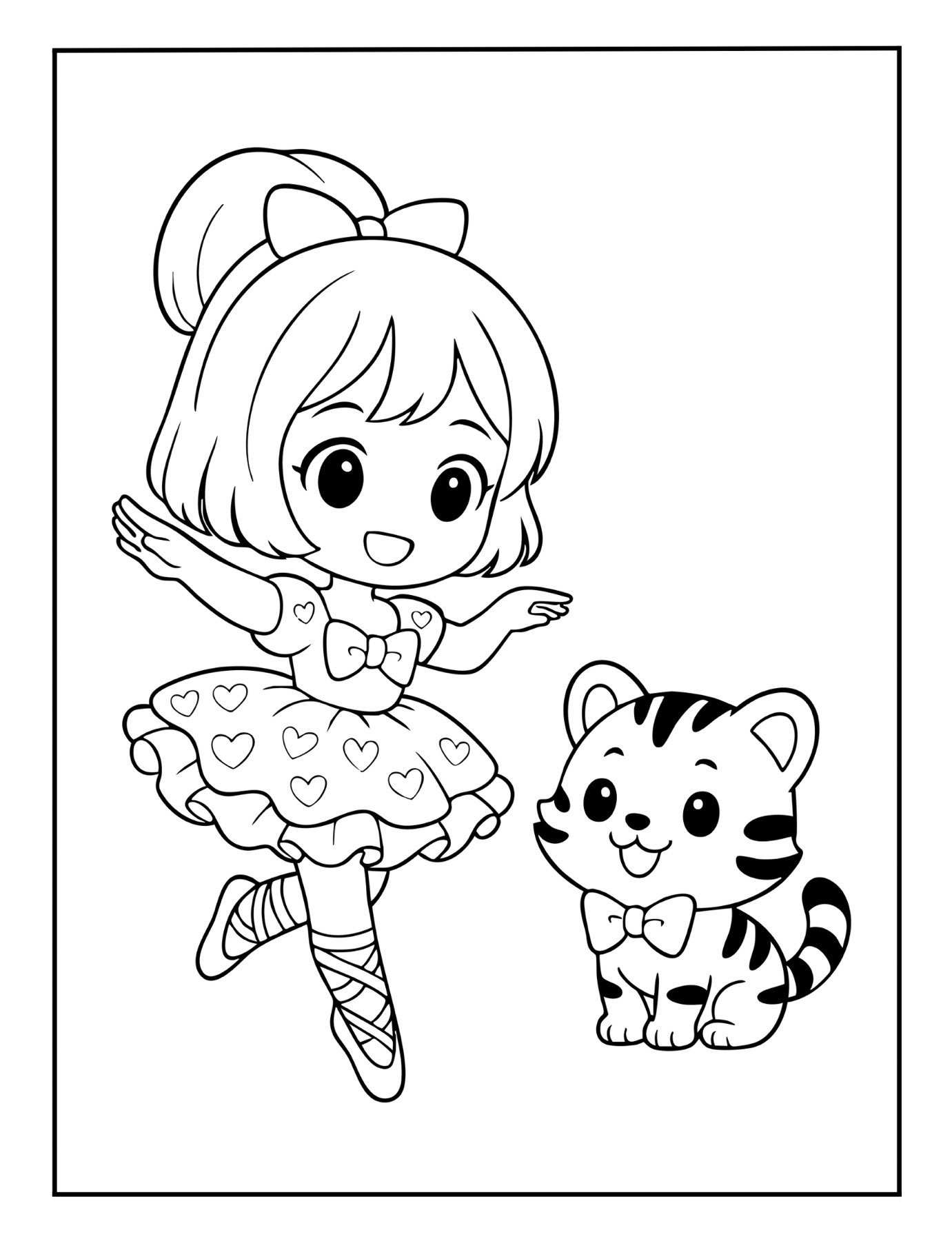 Girl ballerina and tiger cub in bow tie – printable ballet animal coloring page.