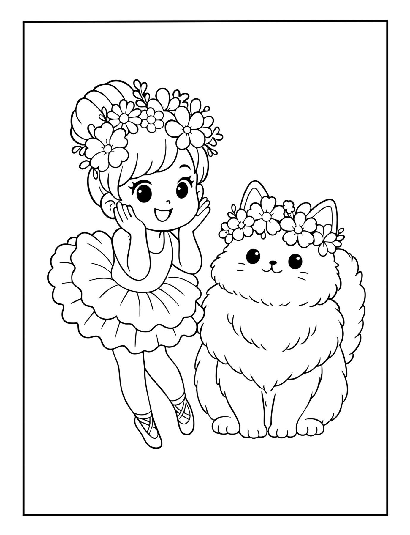 Elegant ballerina with fluffy cat wearing flowers – kids’ ballet coloring page.
