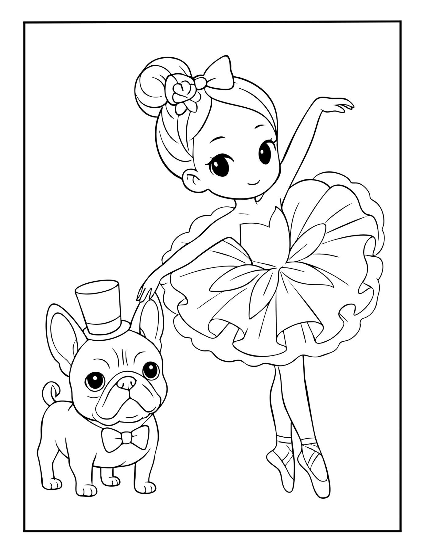 Ballet dancer coloring page with ballerina and bulldog in bow tie – printable sheet.