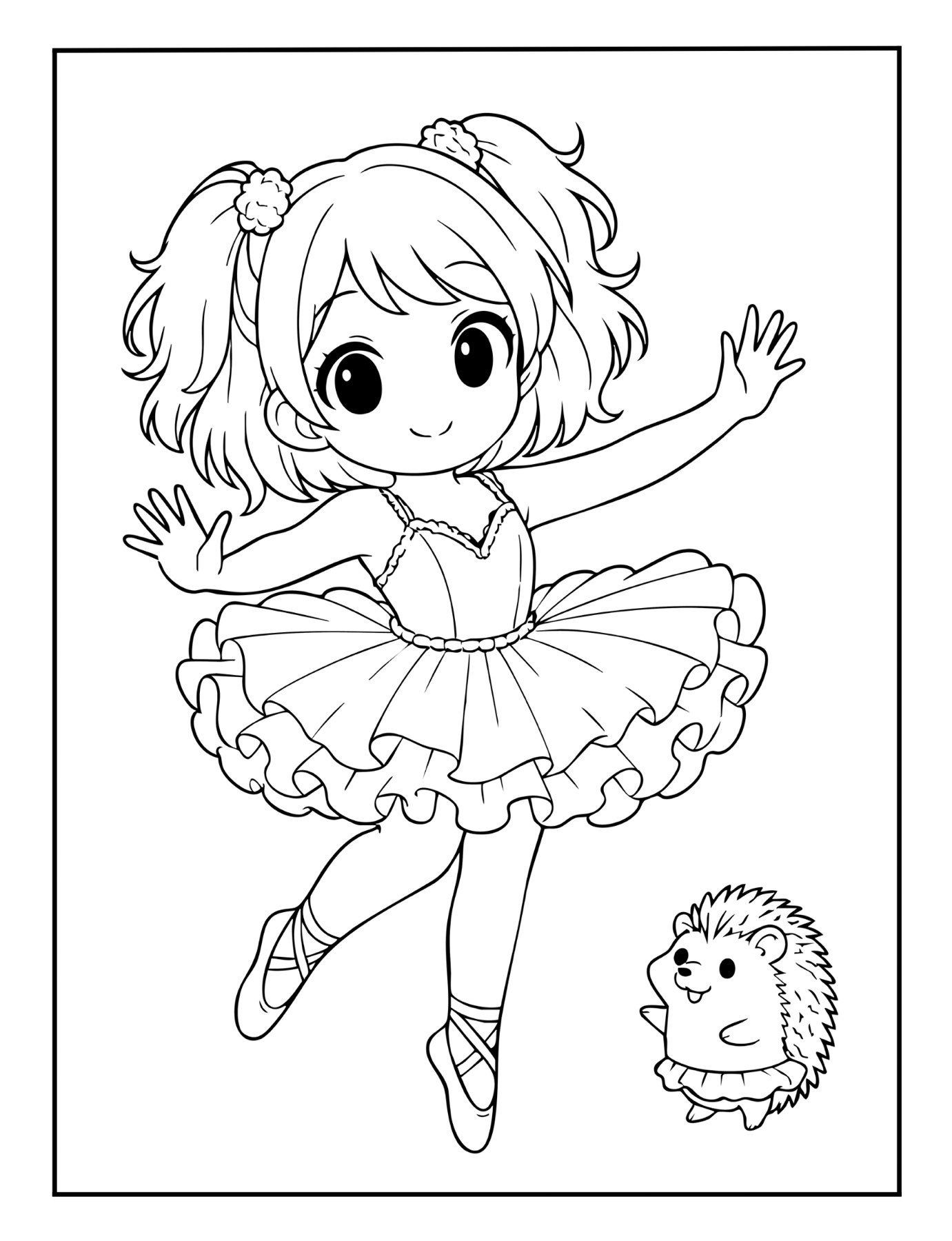 Cute ballerina dancing beside hedgehog in tutu – free coloring printable for kids.