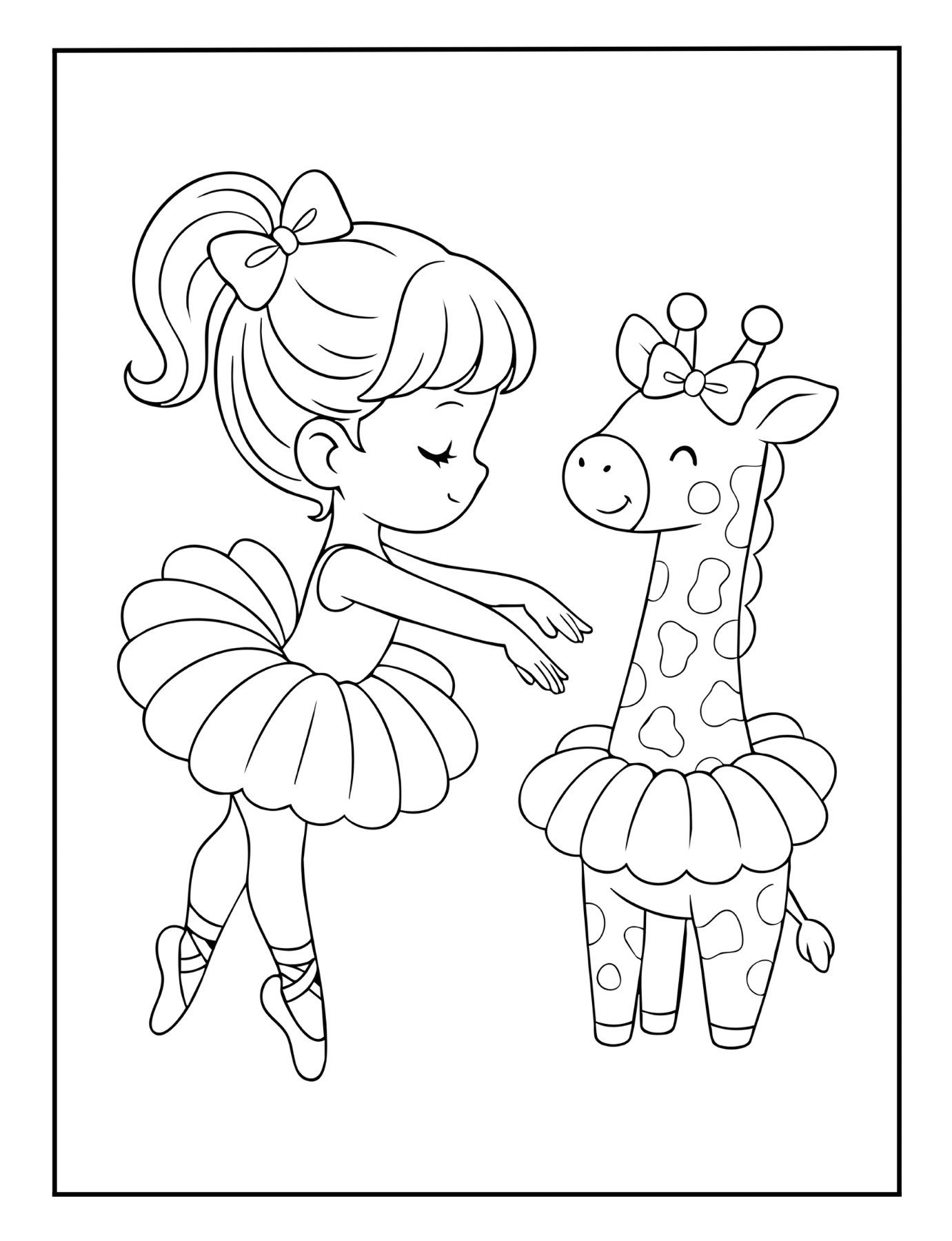 Child ballerina in tutu with tall giraffe partner – printable ballet coloring sheet.