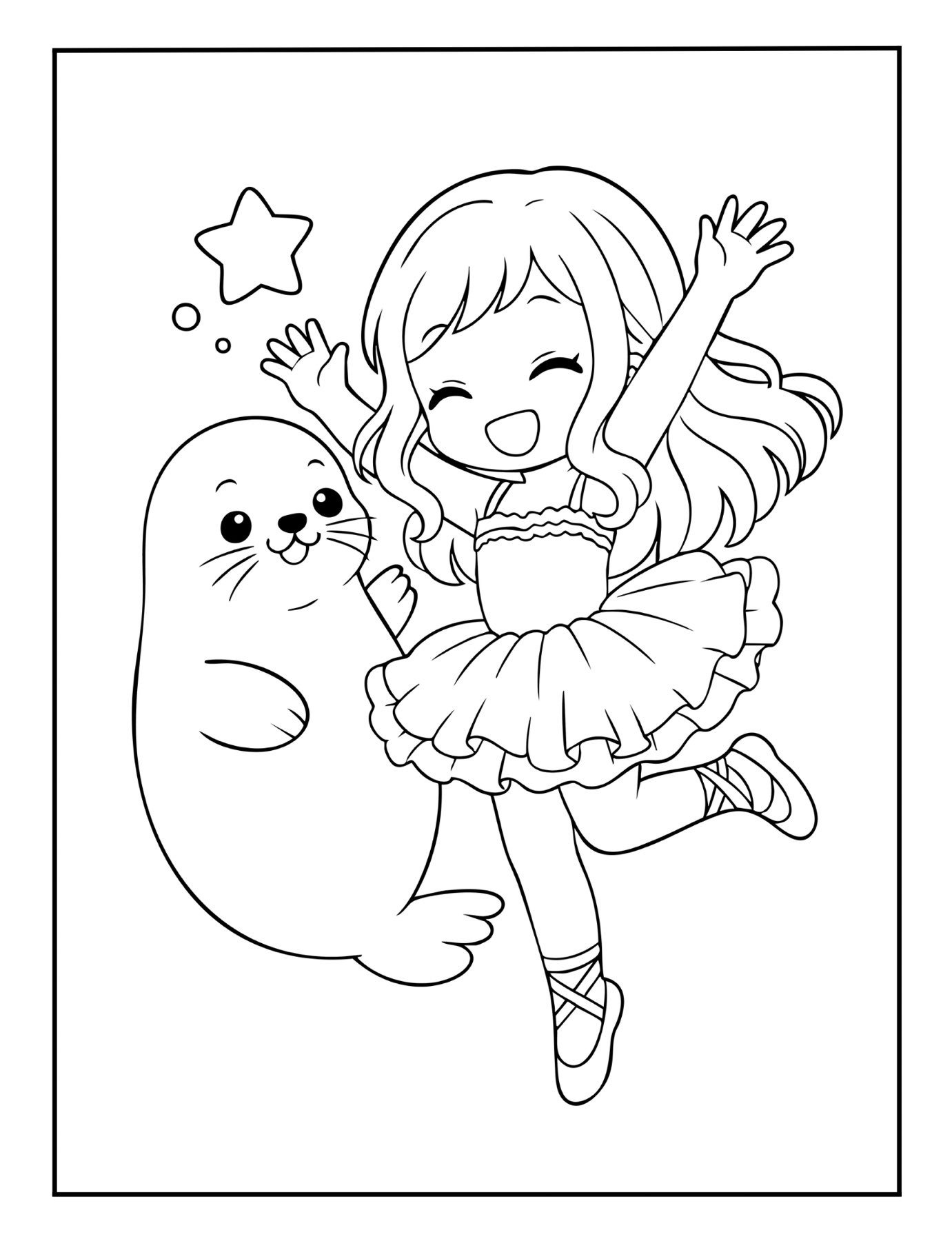 Fun ballet coloring page with ballerina and seal clapping along – free PDF download.