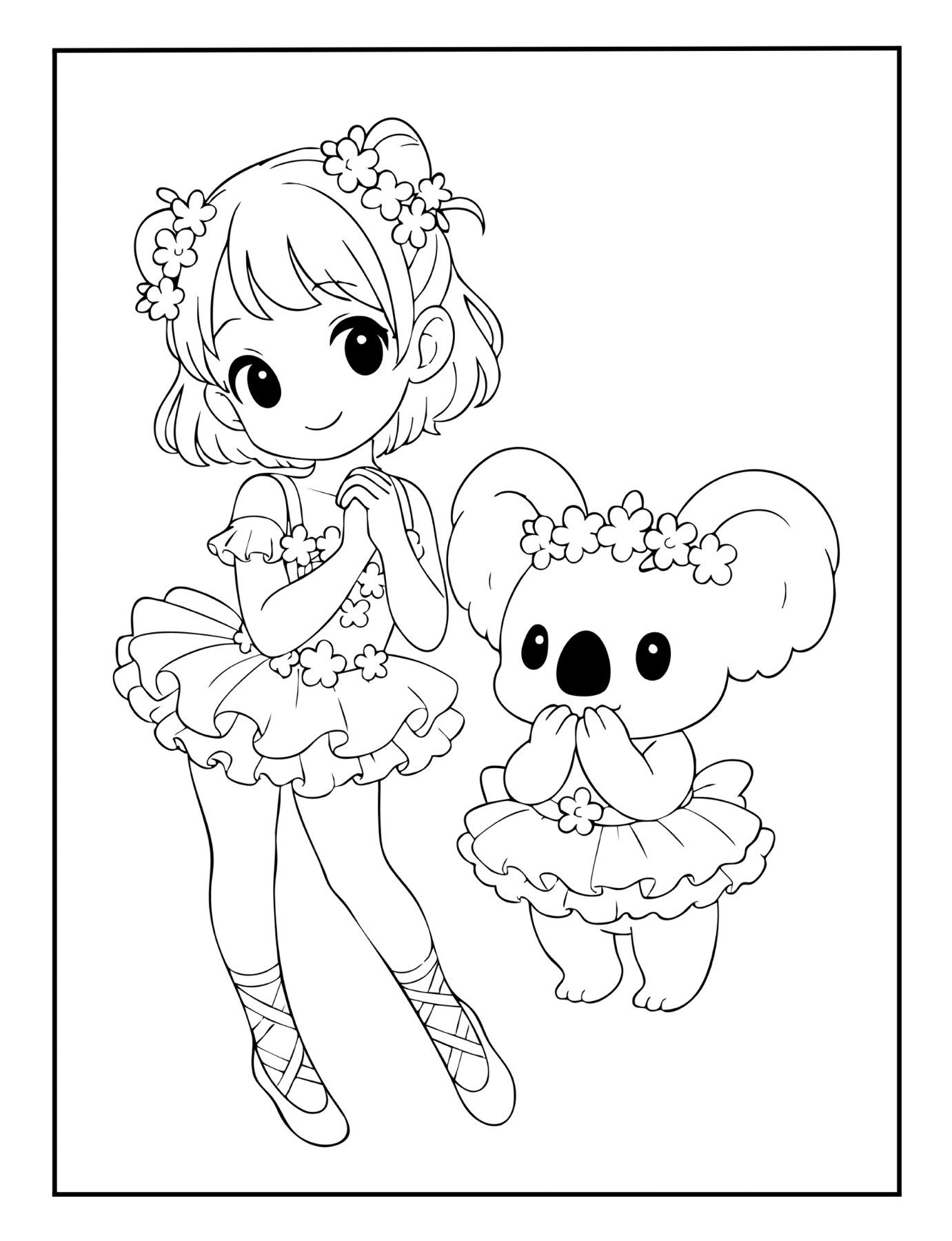 Girl ballerina and koala bear wearing flower tutus – printable coloring page.
