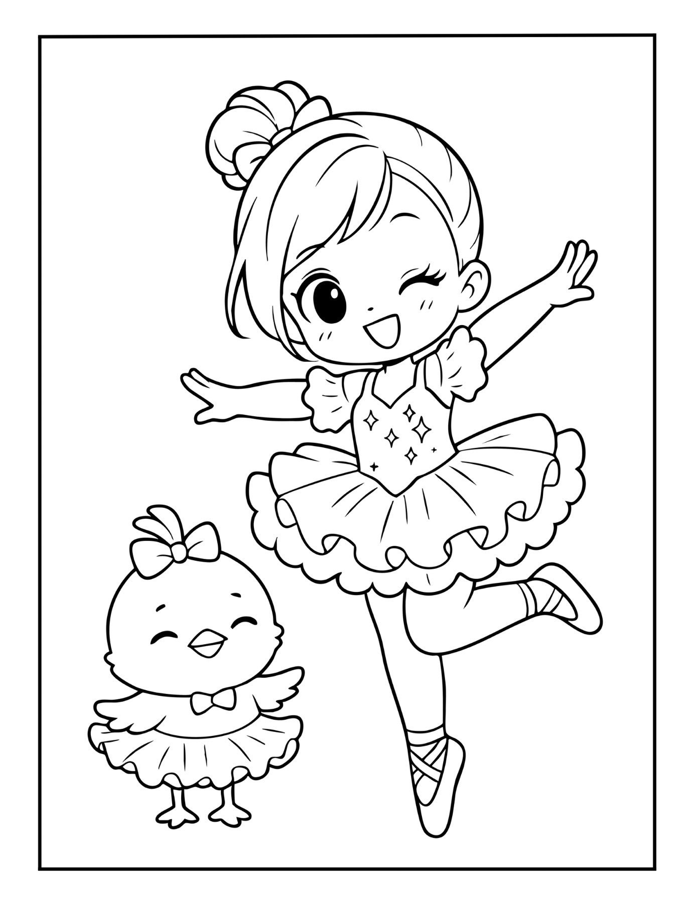 Little ballerina dancing in tutu with cute baby chick – free kids’ coloring sheet.