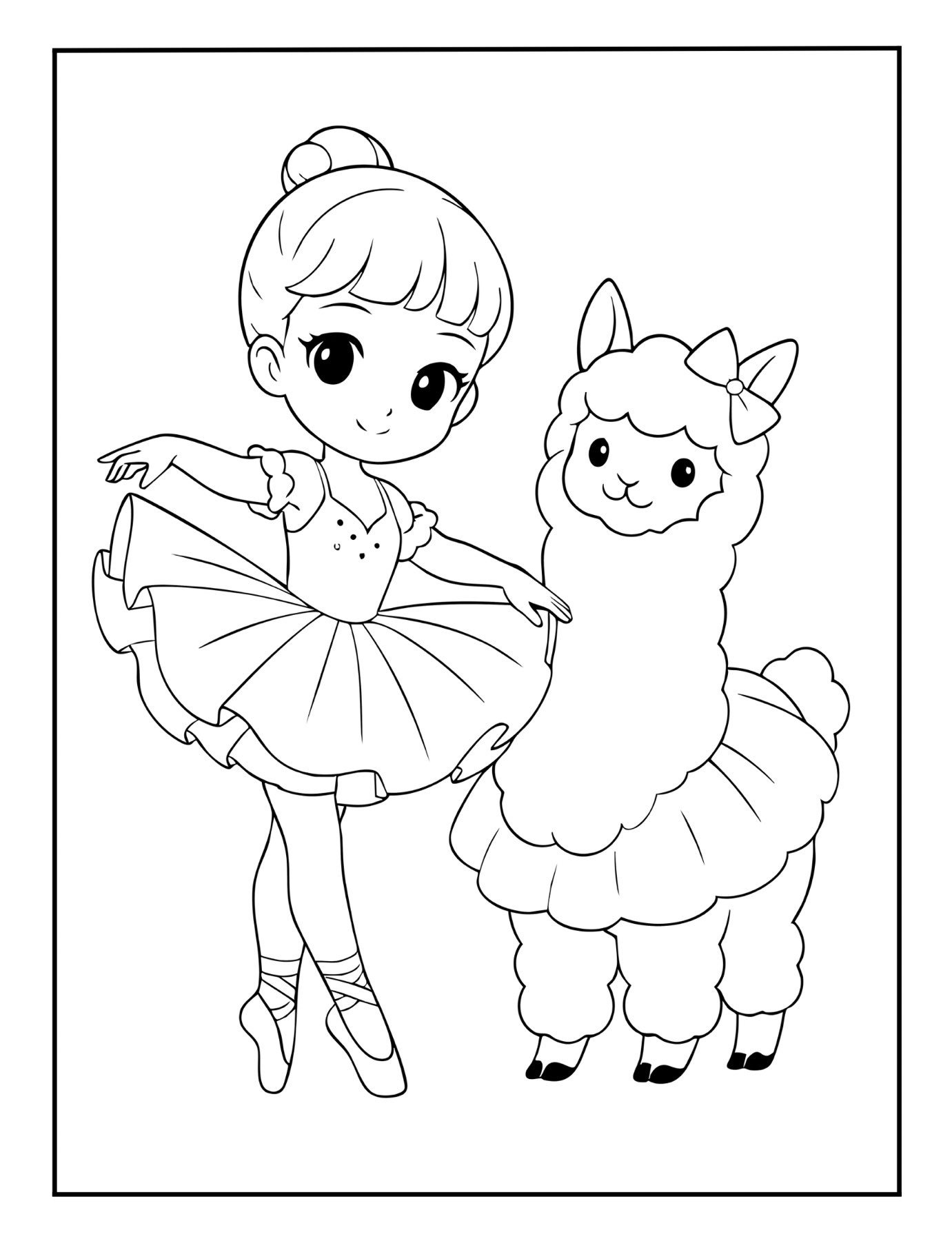 Printable ballerina coloring page of a ballerina girl and fluffy llama in tutu.
