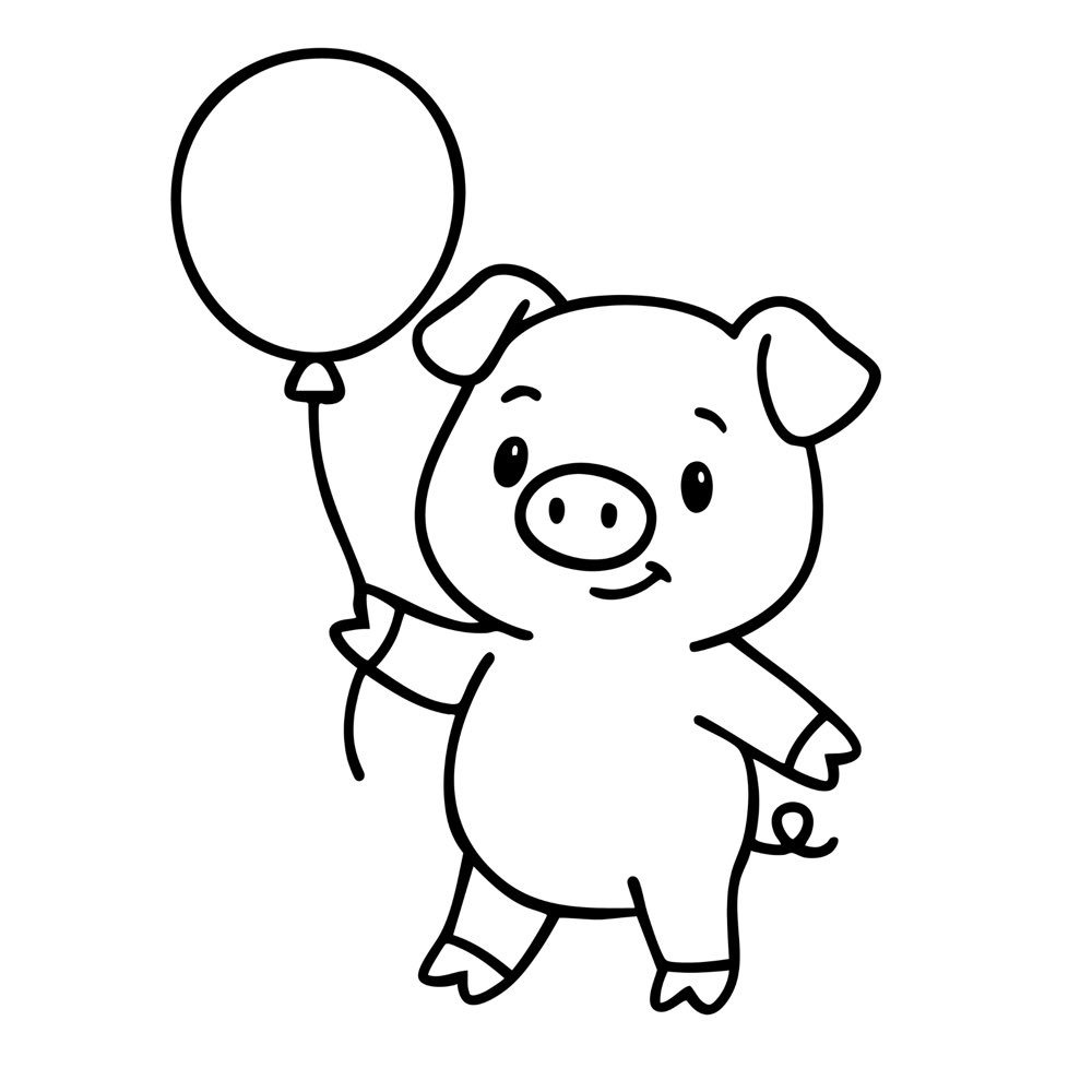 A happy piglet standing upright and holding a round balloon in one hoof, farm animal coloring page.