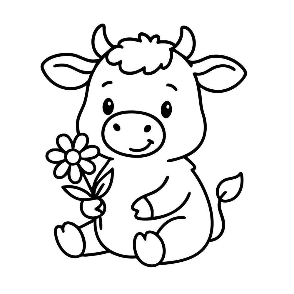 A cute cow sitting down and holding a big flower in its hoof, farm animal coloring page.