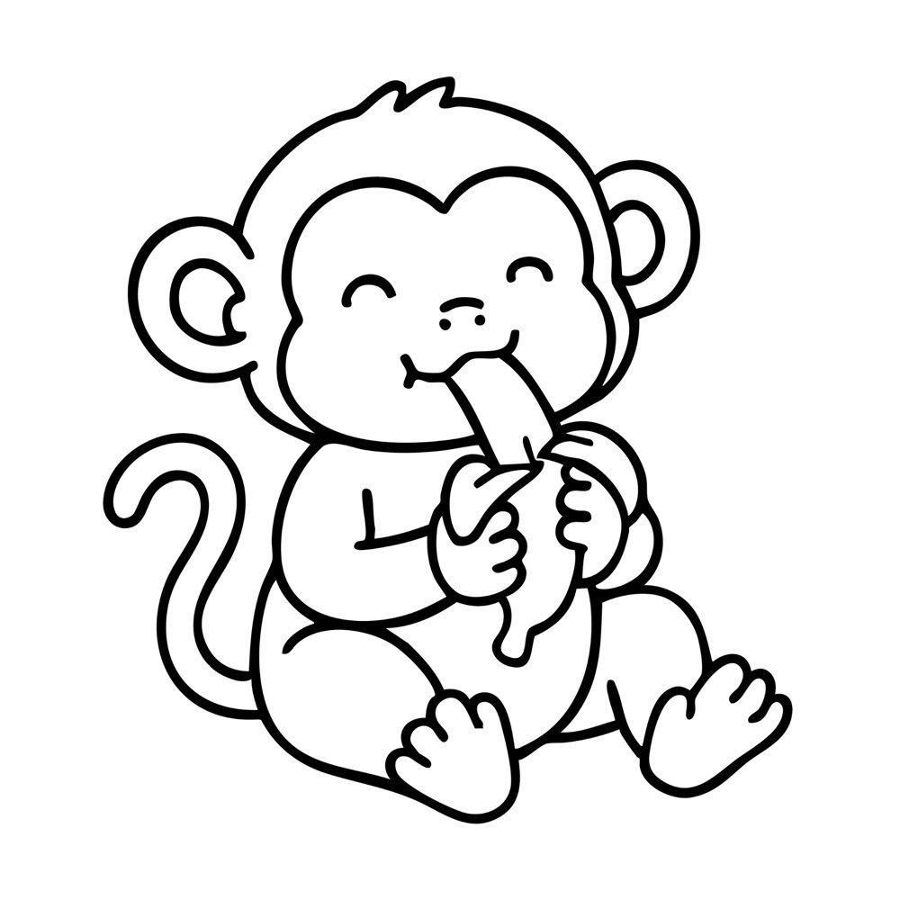 A playful monkey sitting down, smiling while eating a peeled banana, adorable animal coloring page.