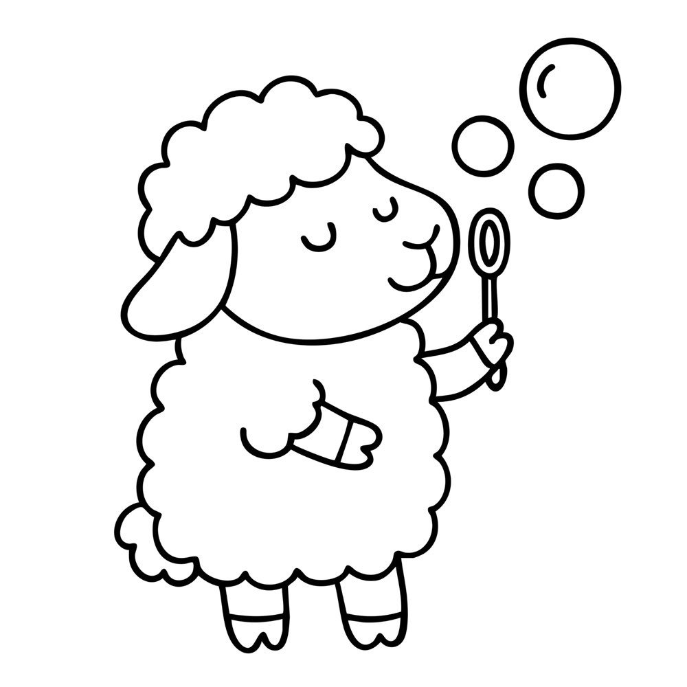 A fluffy sheep standing and happily blowing soap bubbles through a bubble wand, cute animal coloring page.