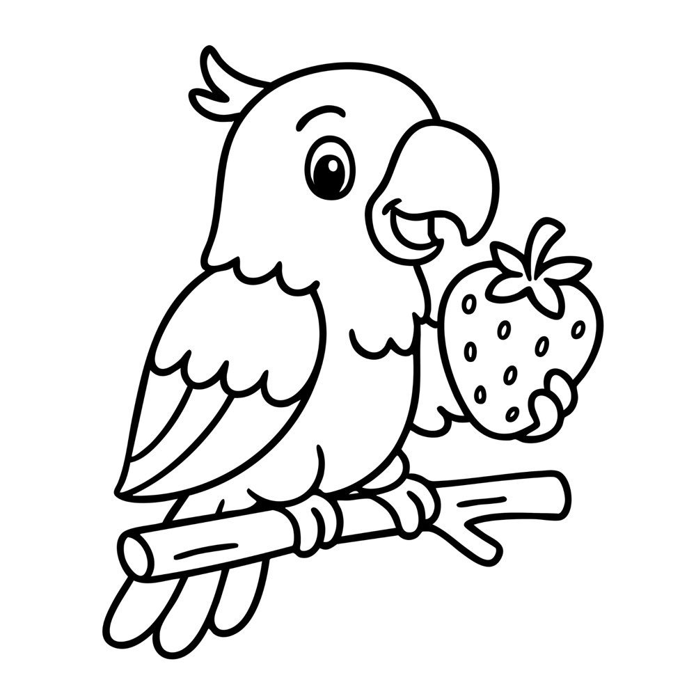 A cheerful parrot perched on a branch, happily holding a large strawberry in its claw coloring page