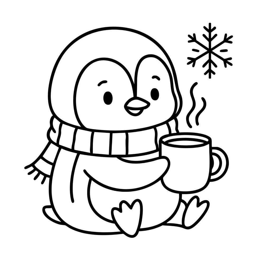 A cute penguin wearing a scarf, holding a steaming mug of hot cocoa with a snowflake above.
