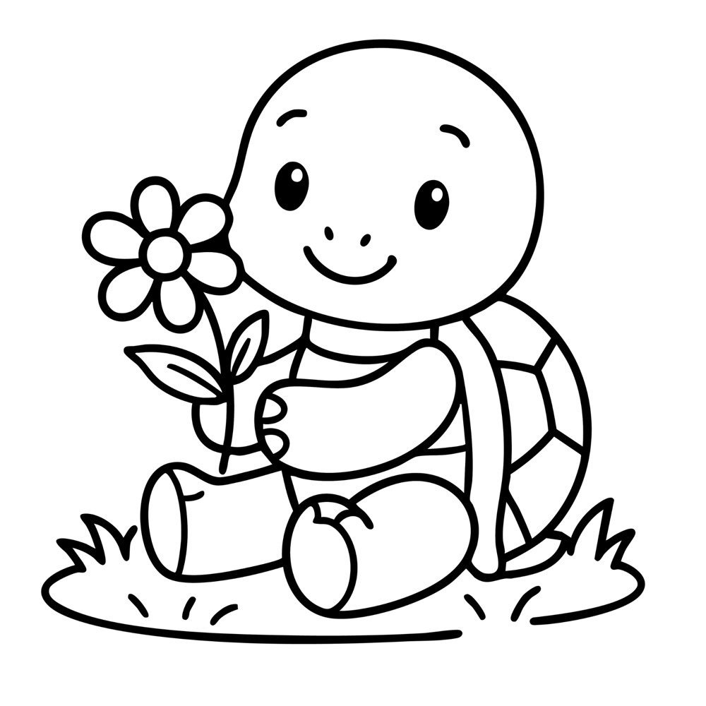 A cheerful turtle sitting on the grass while holding a flower, reptile coloring page.