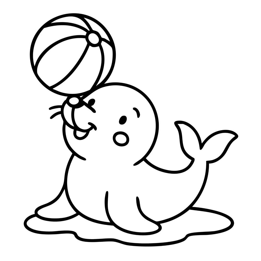 A playful seal balancing a beach ball on its nose, ocean animal coloring page.