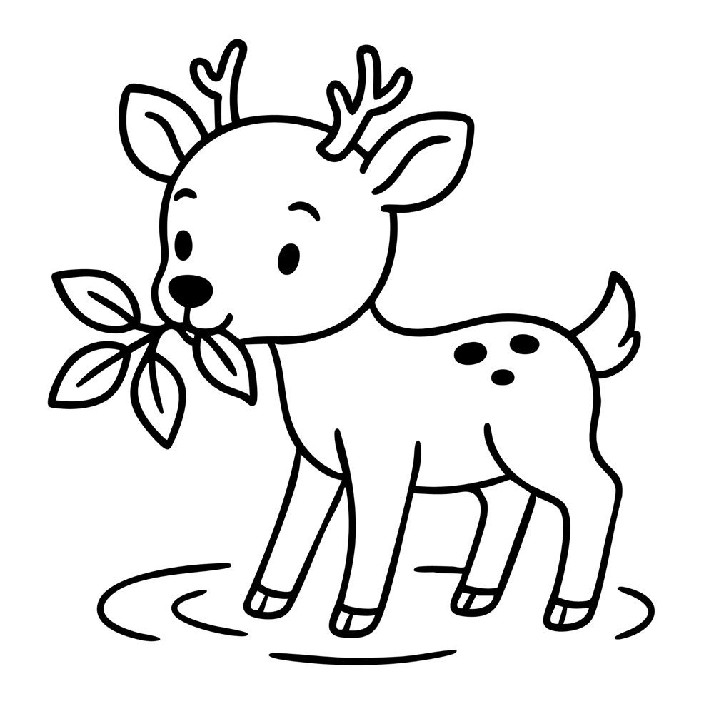 A cute deer standing in water and holding leaves in its mouth, woodland animal coloring page.