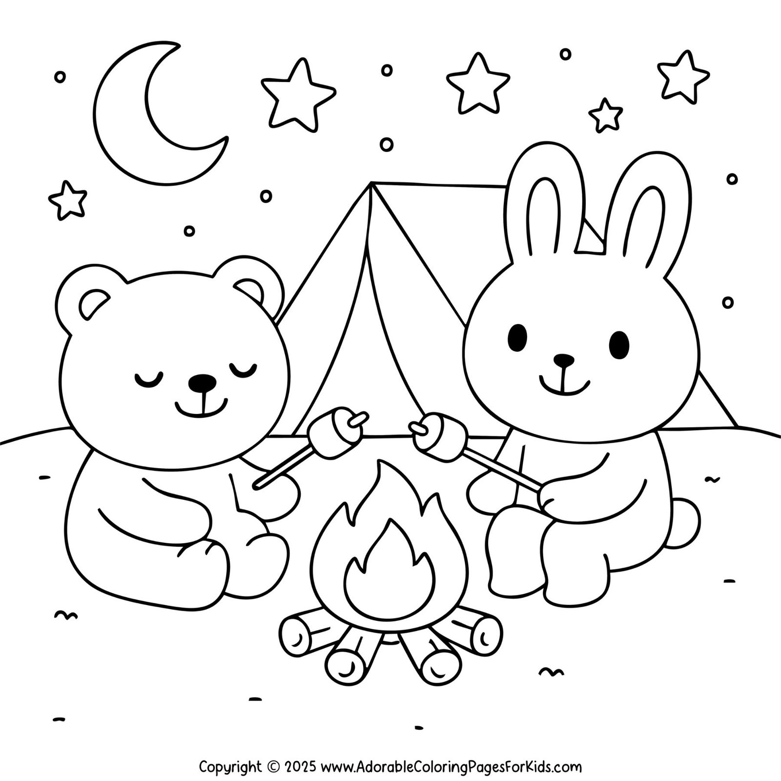 Cozy camping night coloring page featuring a bunny and bear roasting marshmallows by the campfire.