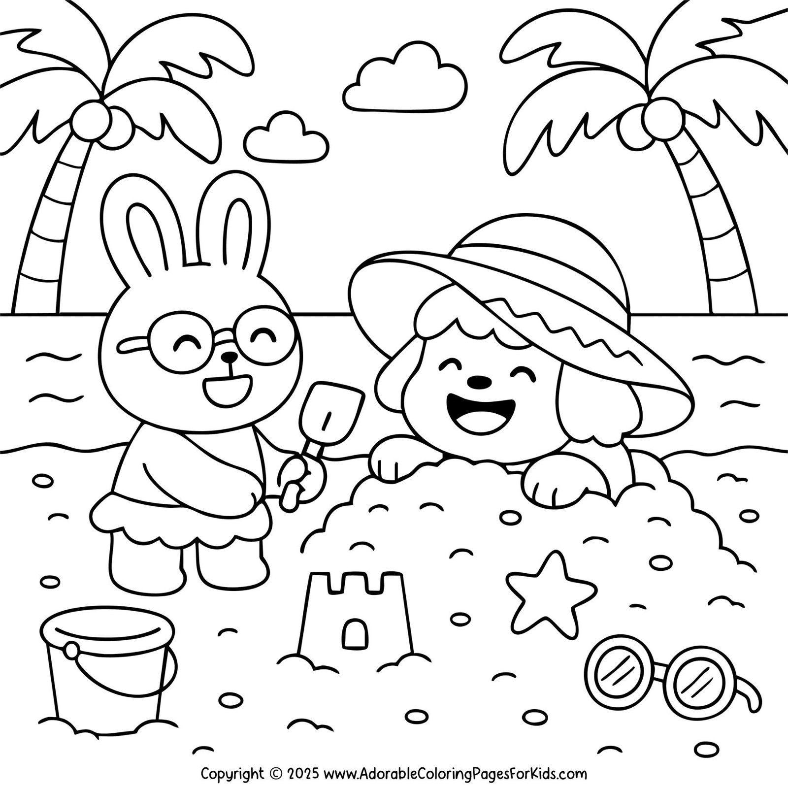 Beach day coloring page with a bunny building a sandcastle and a puppy buried in the sand.