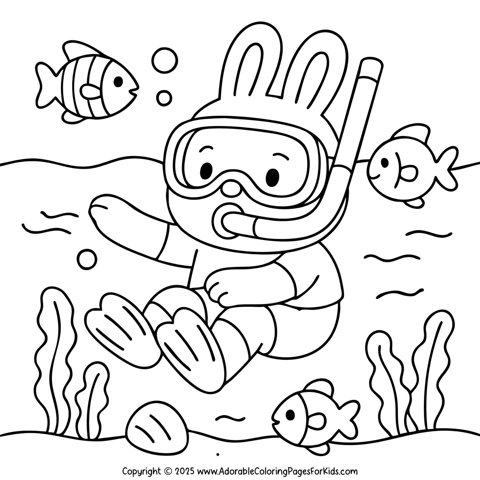 Snorkeling bunny exploring the ocean with fish – an exciting summer underwater coloring sheet.