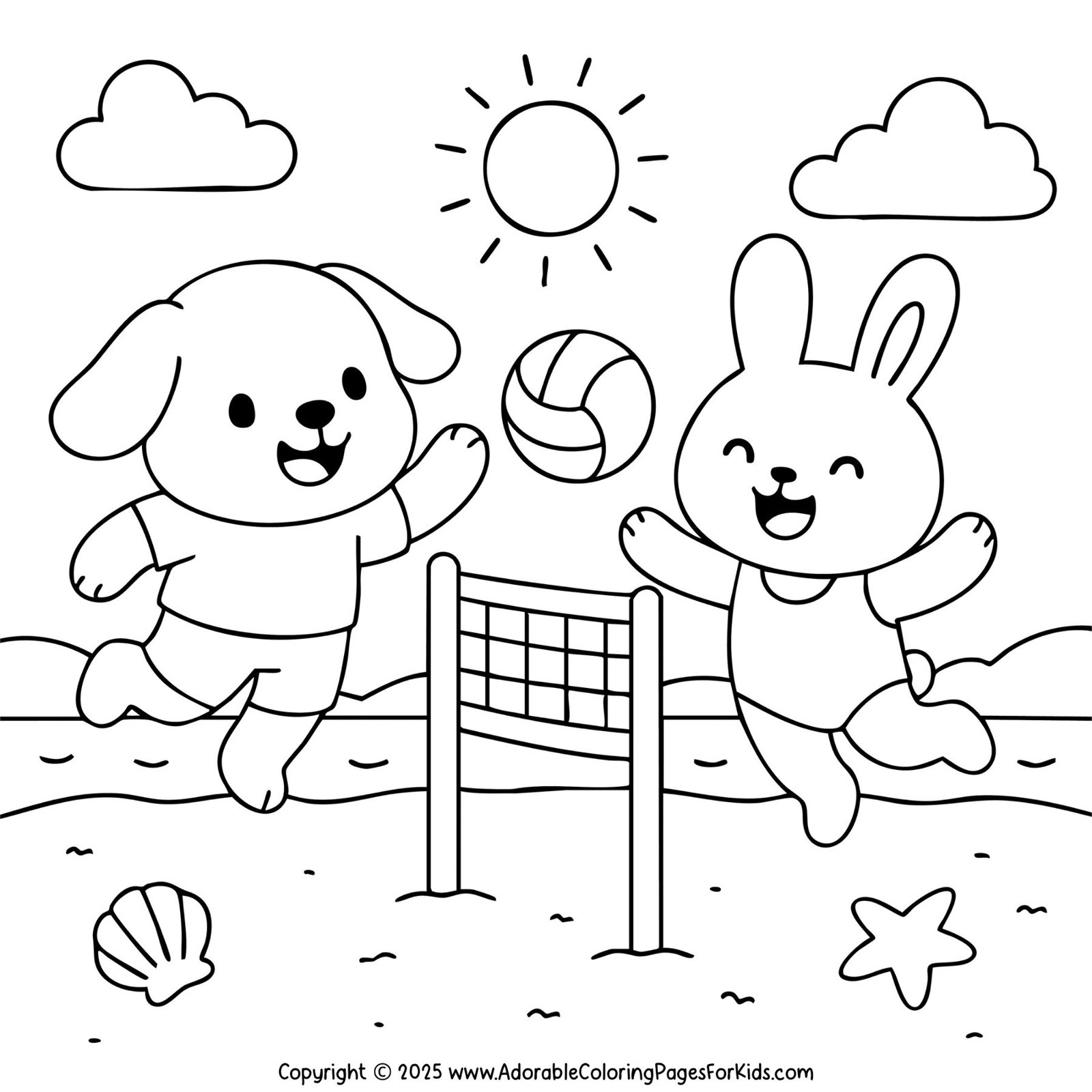 Playful bunny and puppy playing volleyball at the beach – fun sports coloring page for kids.