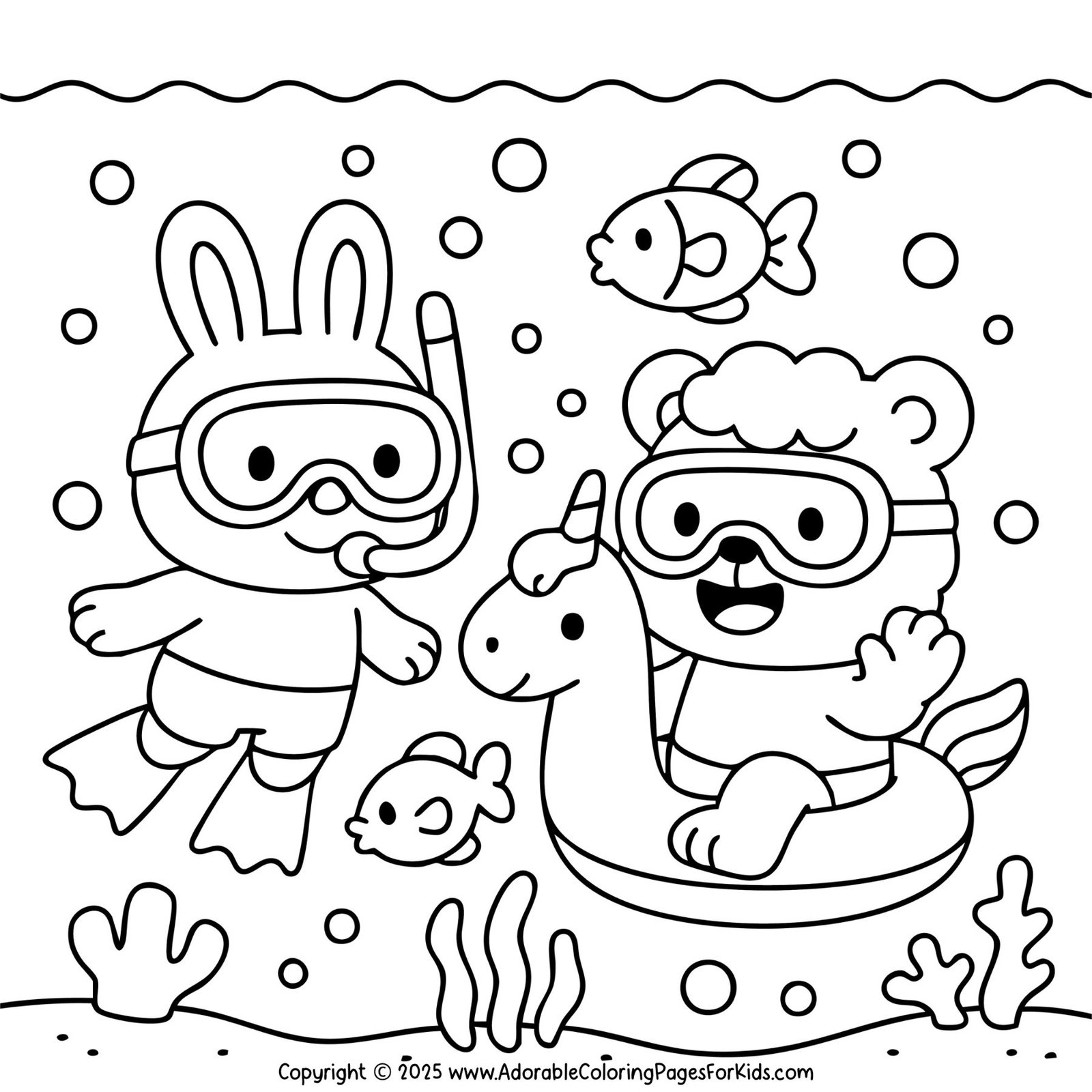 Underwater adventure coloring page with a bunny snorkeling and a bear floating on a unicorn float surrounded by fish.
