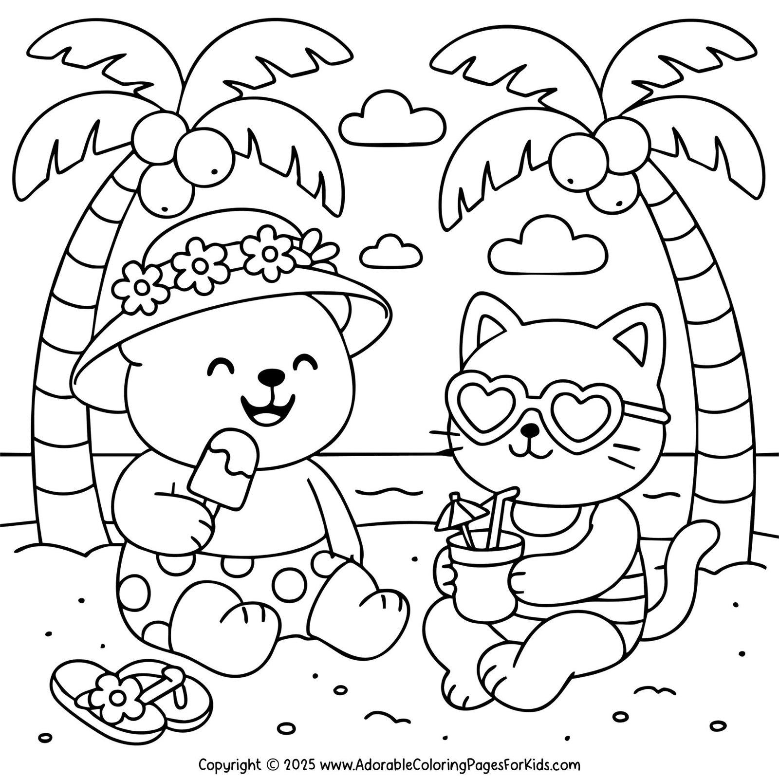 Fun beach day coloring page featuring a bear enjoying ice cream and a cat sipping a summer drink under palm trees.