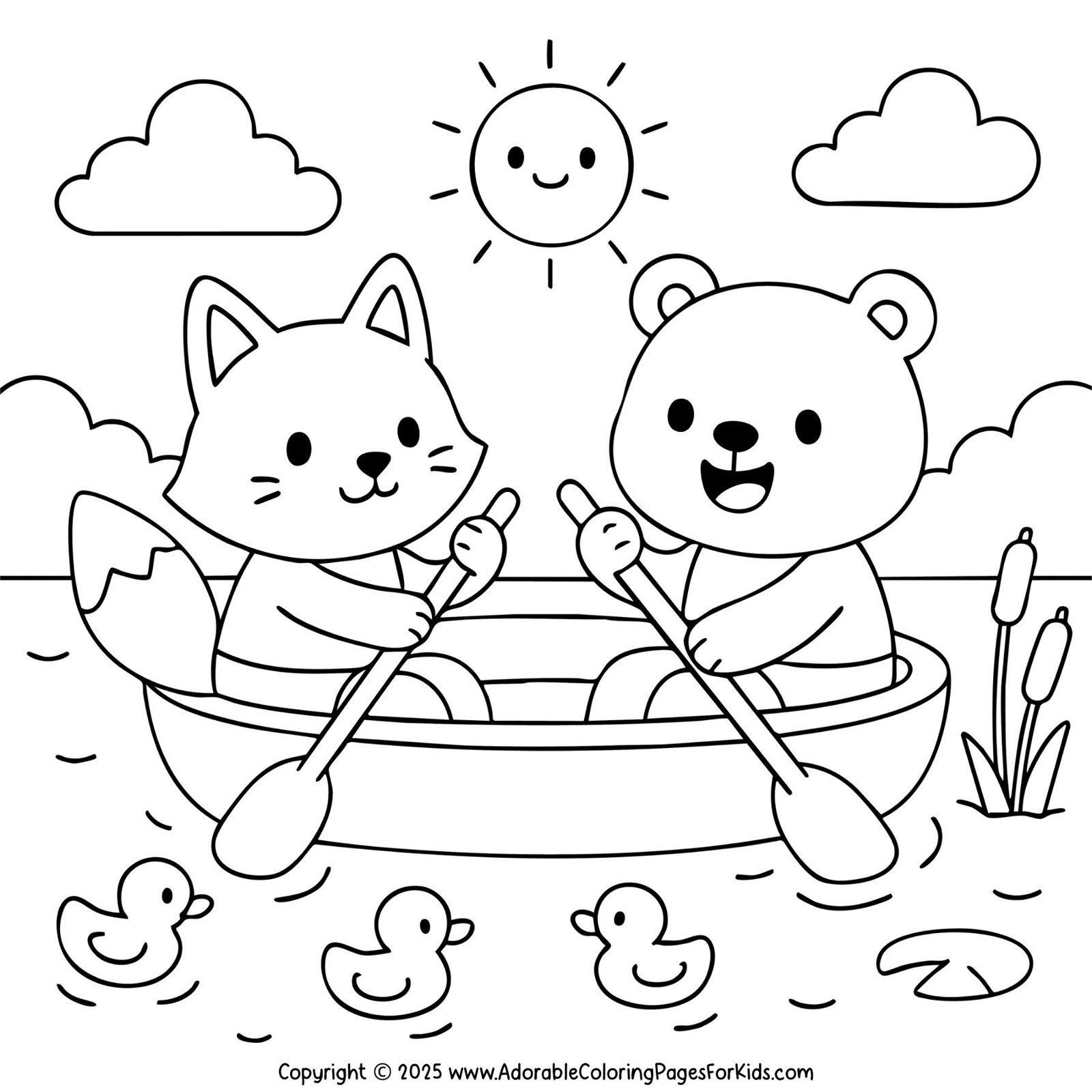 Adorable cat and bear rowing a boat on the lake, surrounded by cute ducklings – a fun summer coloring page for kids.