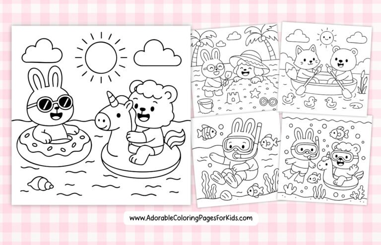 Free summer animal coloring pages for kids – bunny, bear, cat and more fun beach printables