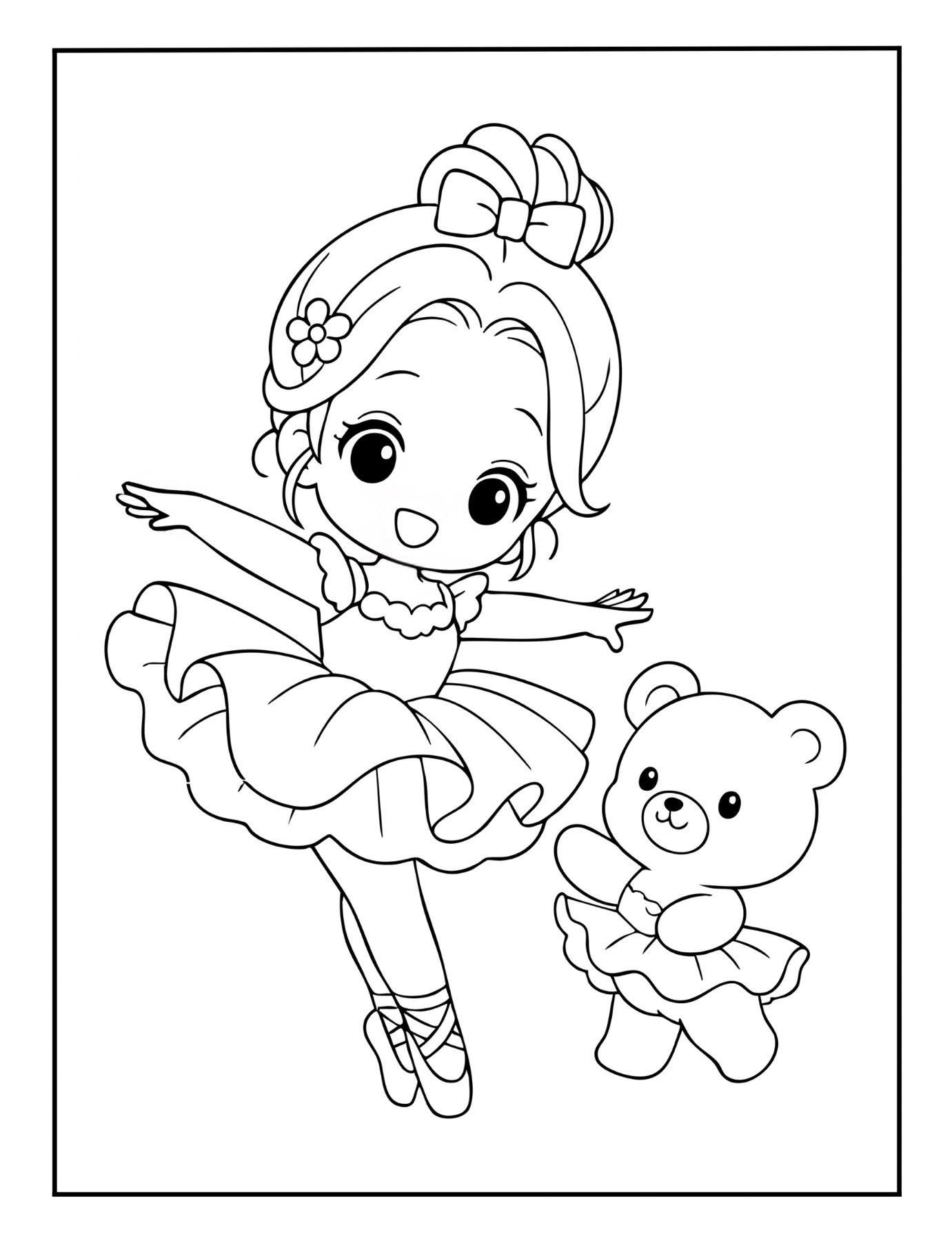 Adorable ballerina coloring sheet of girl in tutu with teddy bear in ballet outfit – free printable PDF.