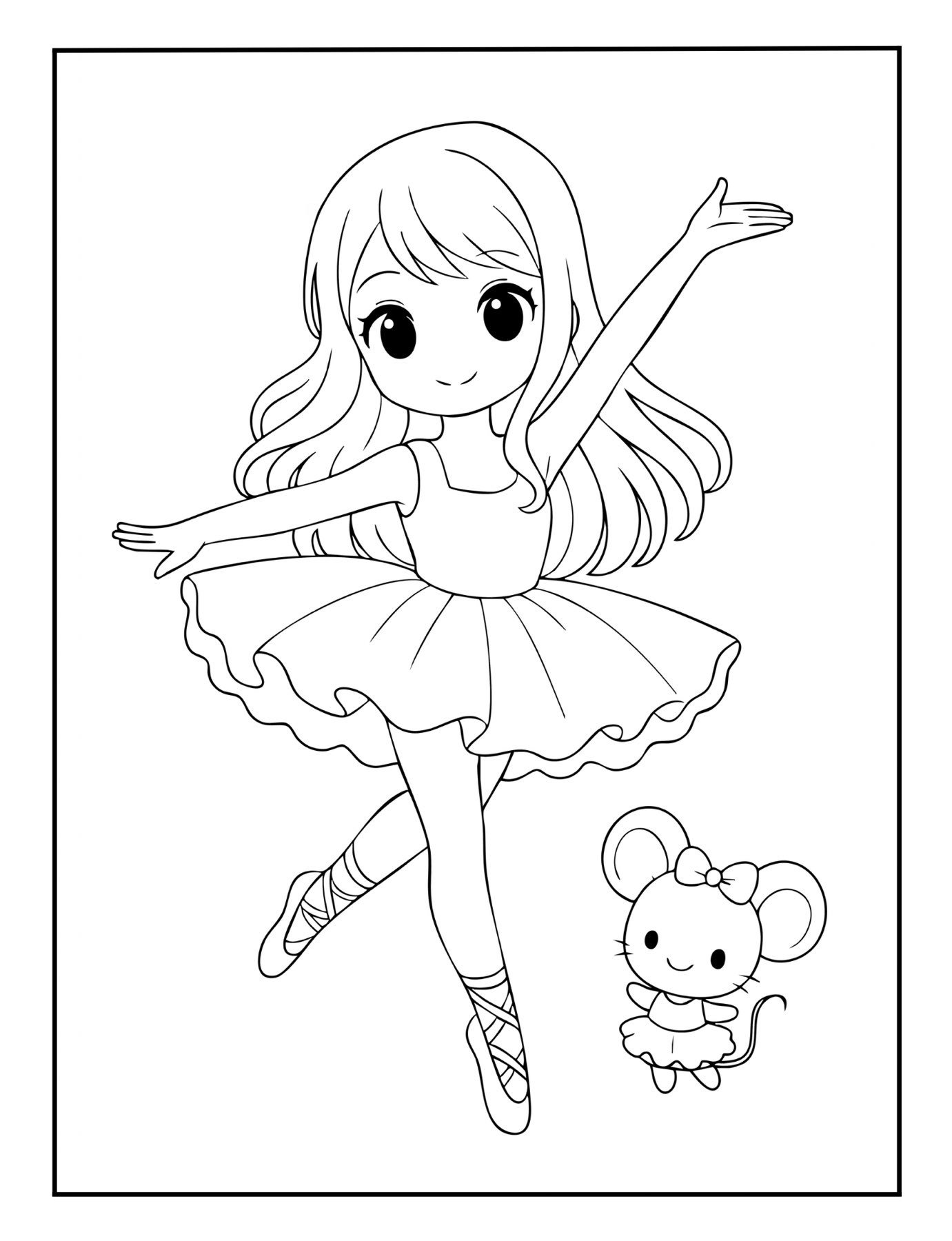 Free ballerina coloring page with elegant girl dancer and tiny mouse in tutu – printable ballet PDF.