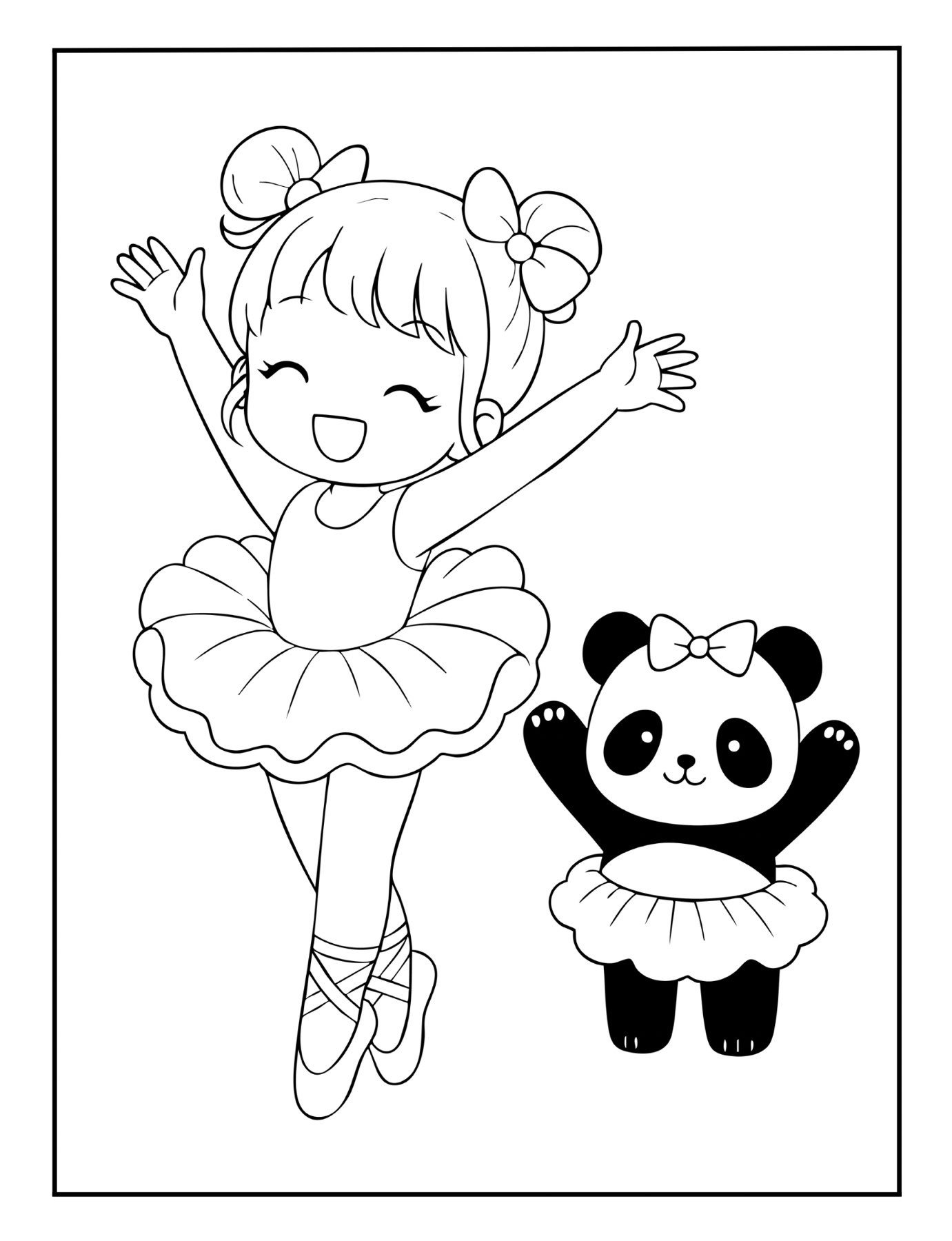 Cute ballerina coloring sheet with girl dancer and panda in tutu – free printable ballet PDF.