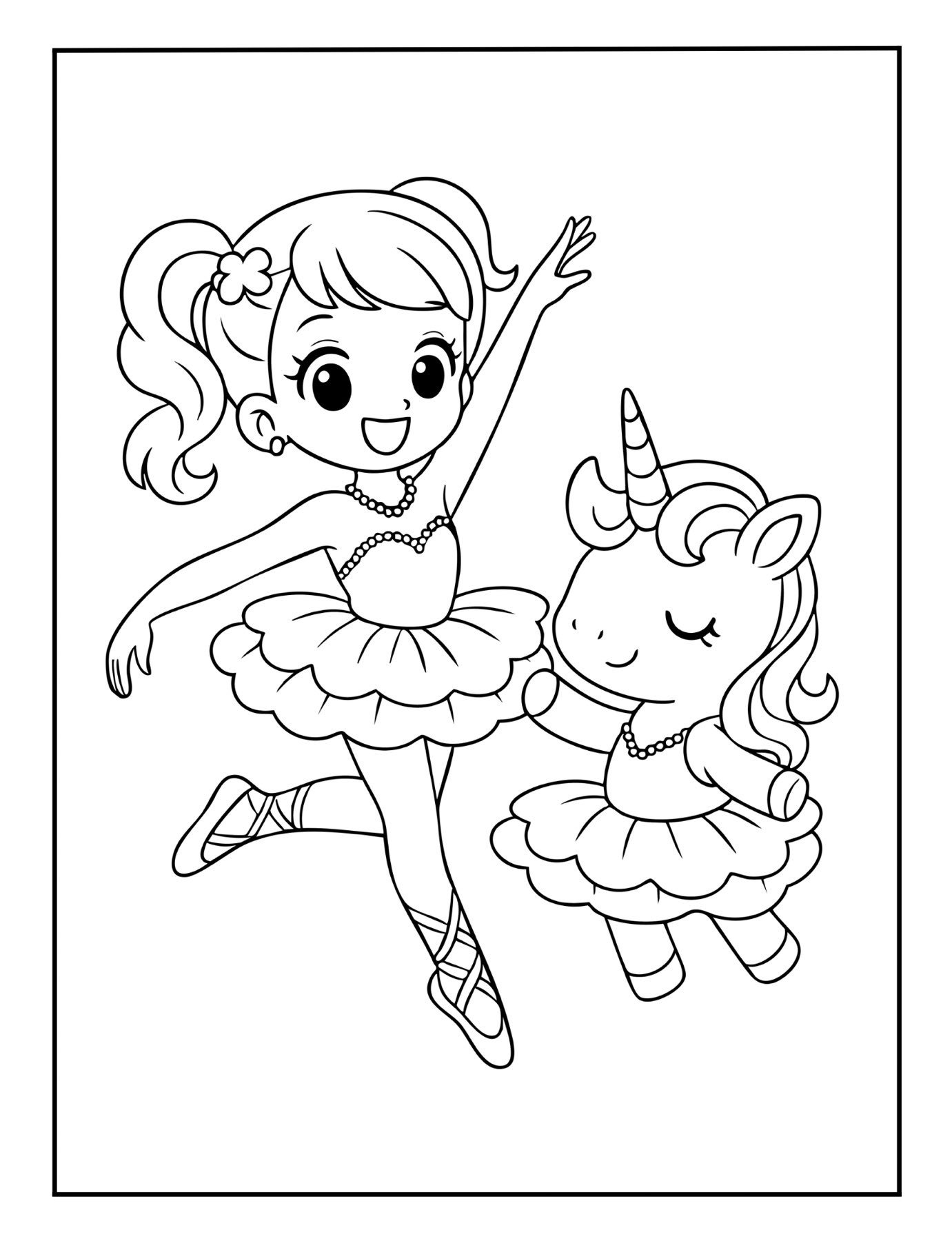 Magical ballerina coloring page featuring girl dancer and unicorn in tutu – free printable ballet PDF.