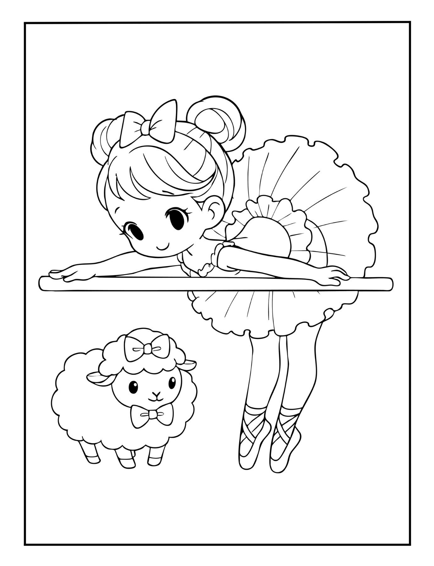 Printable ballerina coloring sheet of girl practicing at ballet barre with lamb in tutu – free PDF.