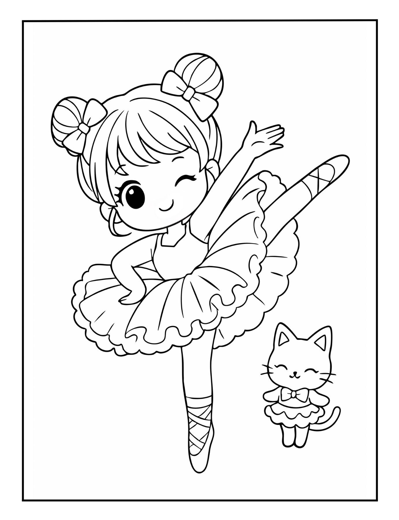 Free ballerina coloring page featuring girl in tutu with cat dressed in ballet outfit – printable PDF for kids.