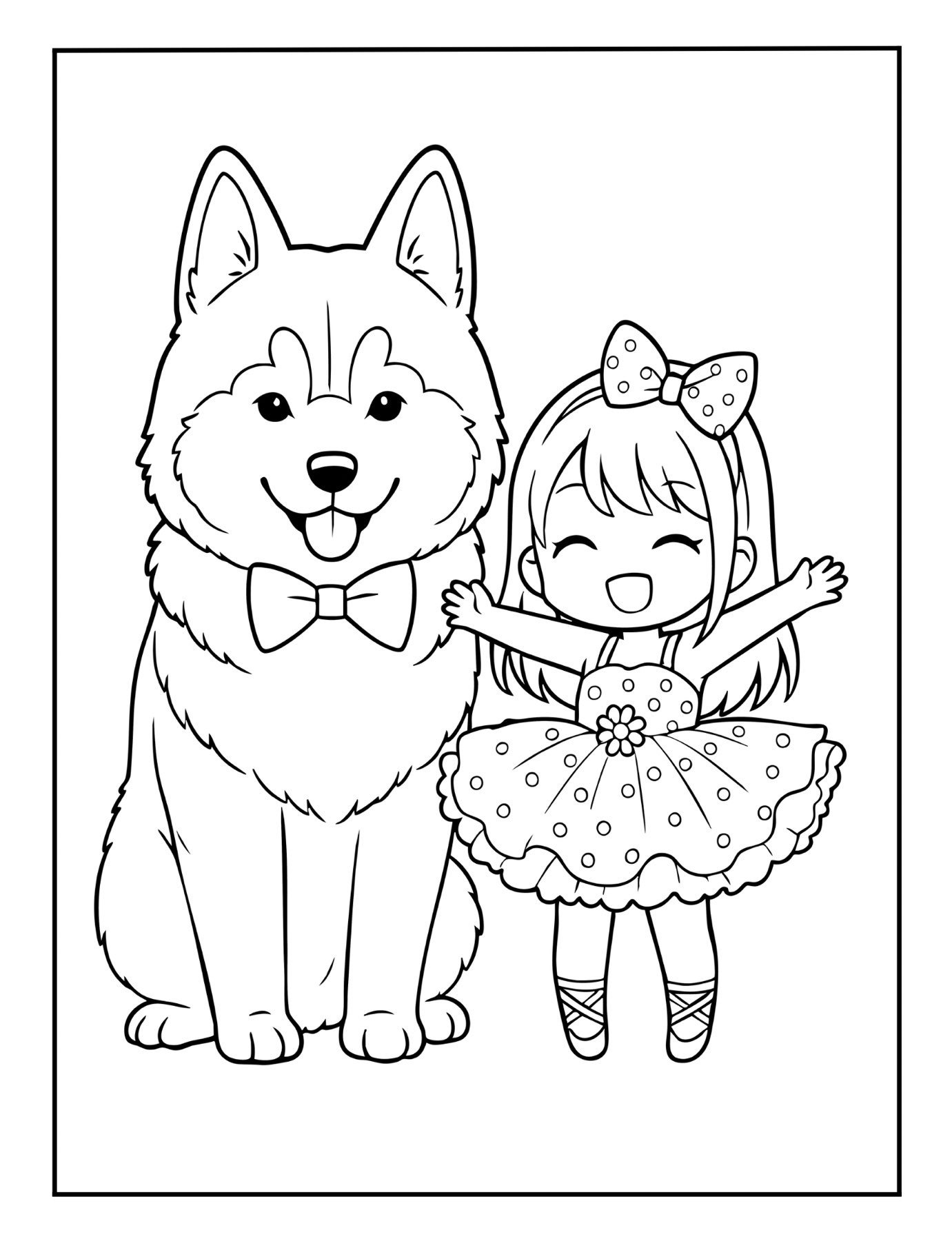 Fun ballerina coloring sheet with girl in tutu and large dog wearing a bow – free printable PDF.