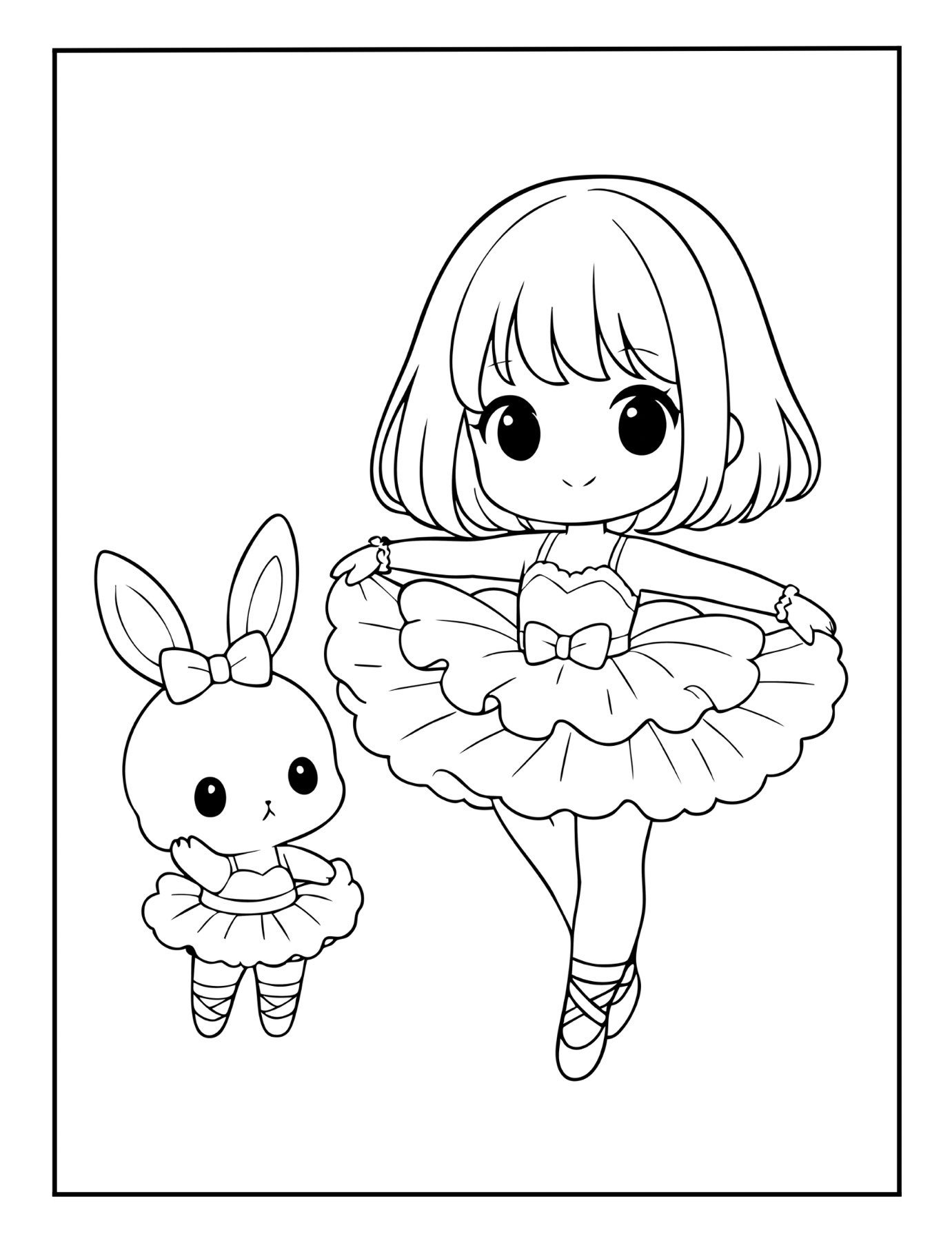 Printable ballerina coloring page with cute girl dancer and bunny in matching tutu – free ballet PDF for kids.
