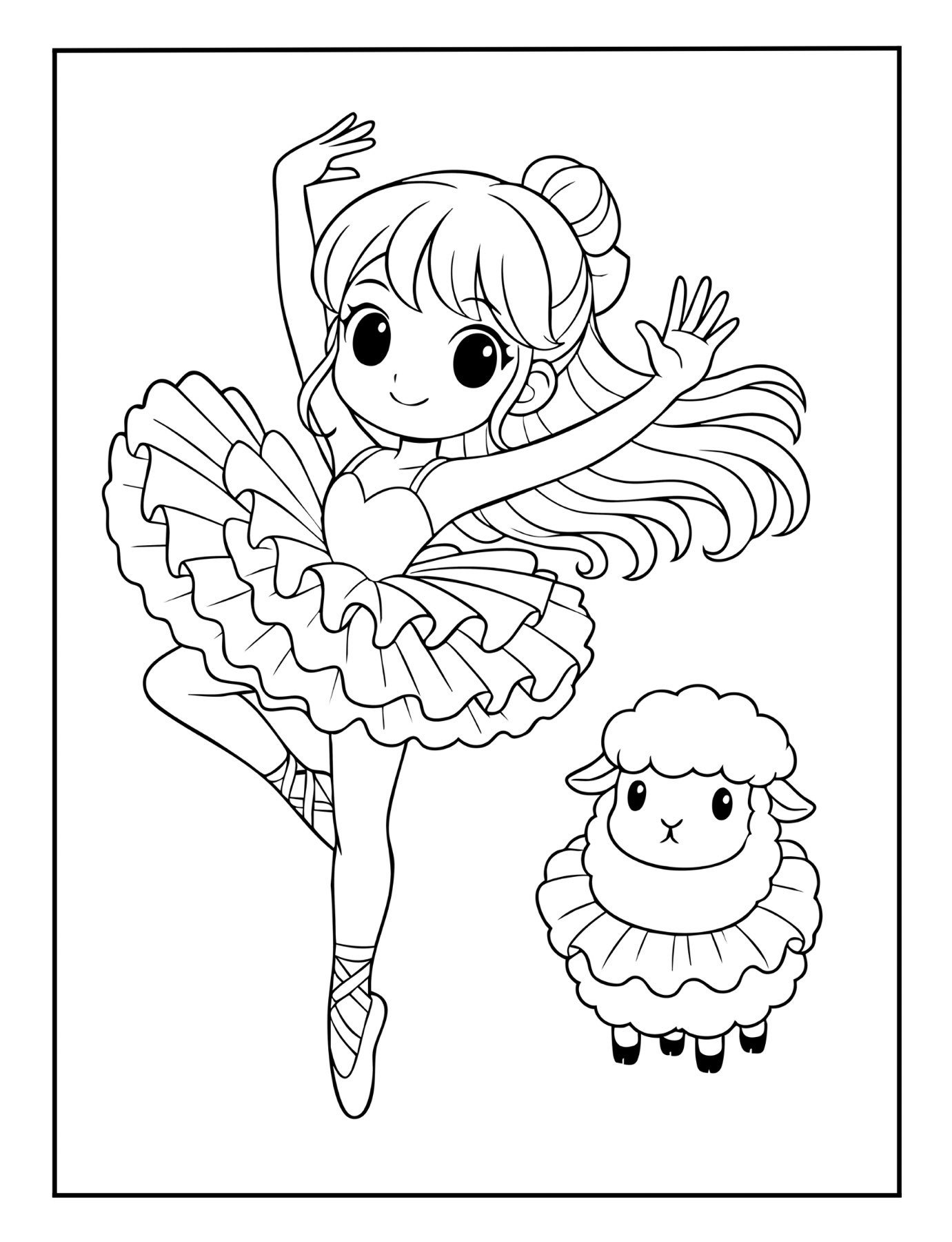Free ballerina coloring sheet featuring elegant girl dancer with lamb in tutu – printable ballet coloring page.