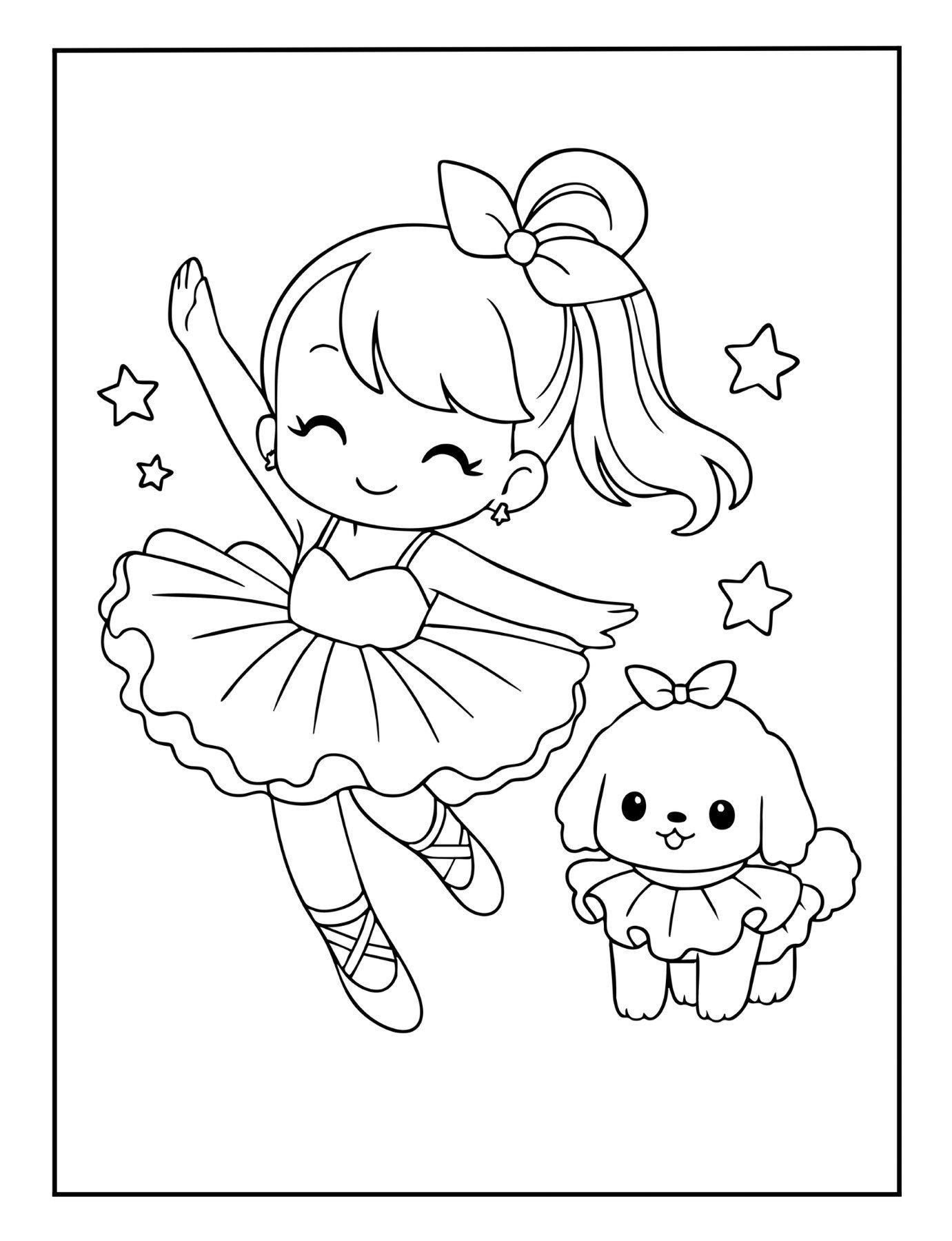 Cute ballerina coloring page with little girl in tutu and puppy in matching ballet outfit – free printable PDF for kids.