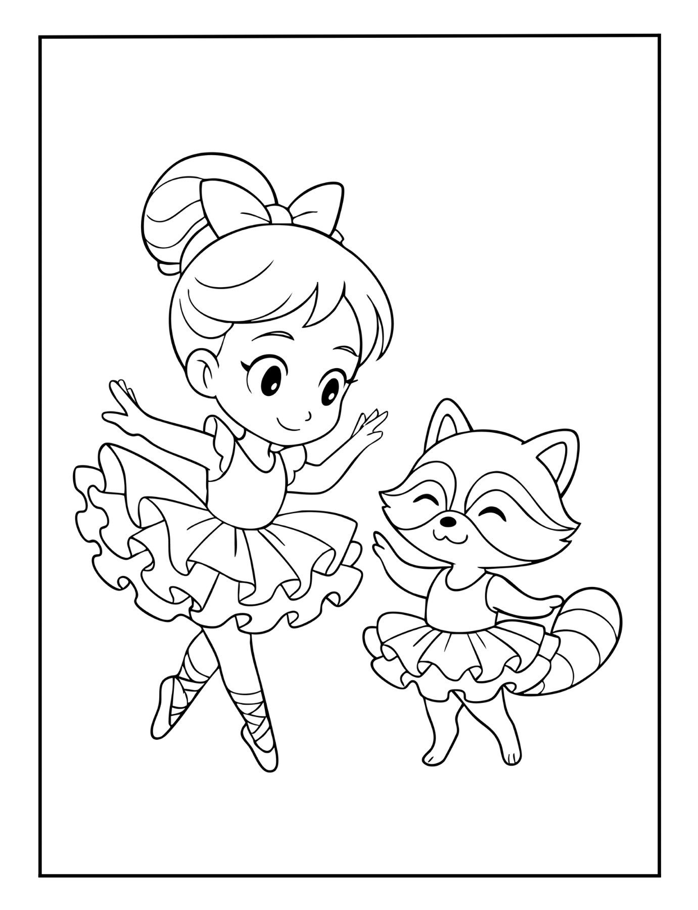 Free ballerina coloring sheet of a ballerina twirling with a raccoon in tutu.