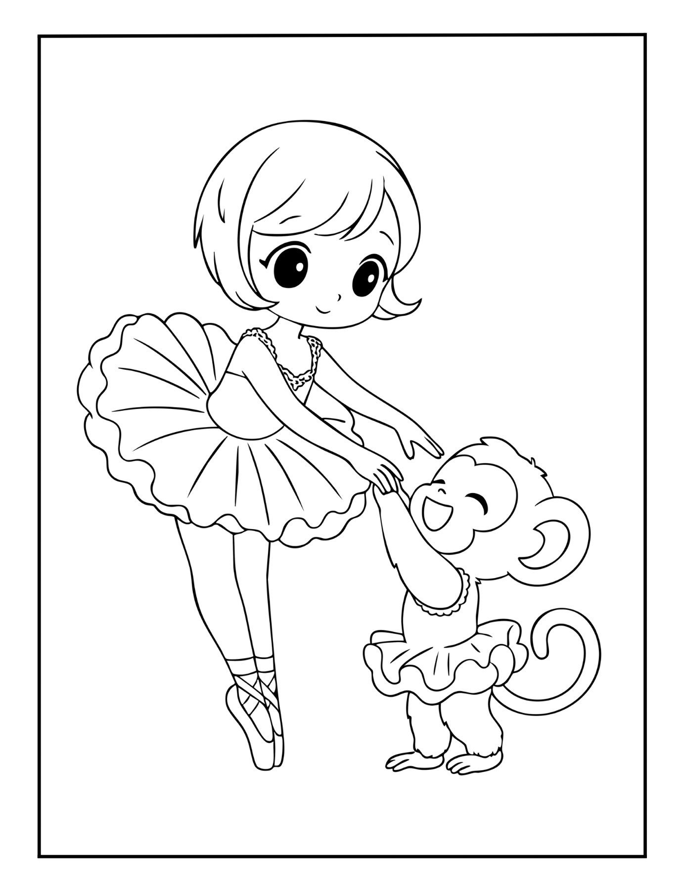 Fun ballerina coloring page featuring a ballerina and a monkey in a tutu.