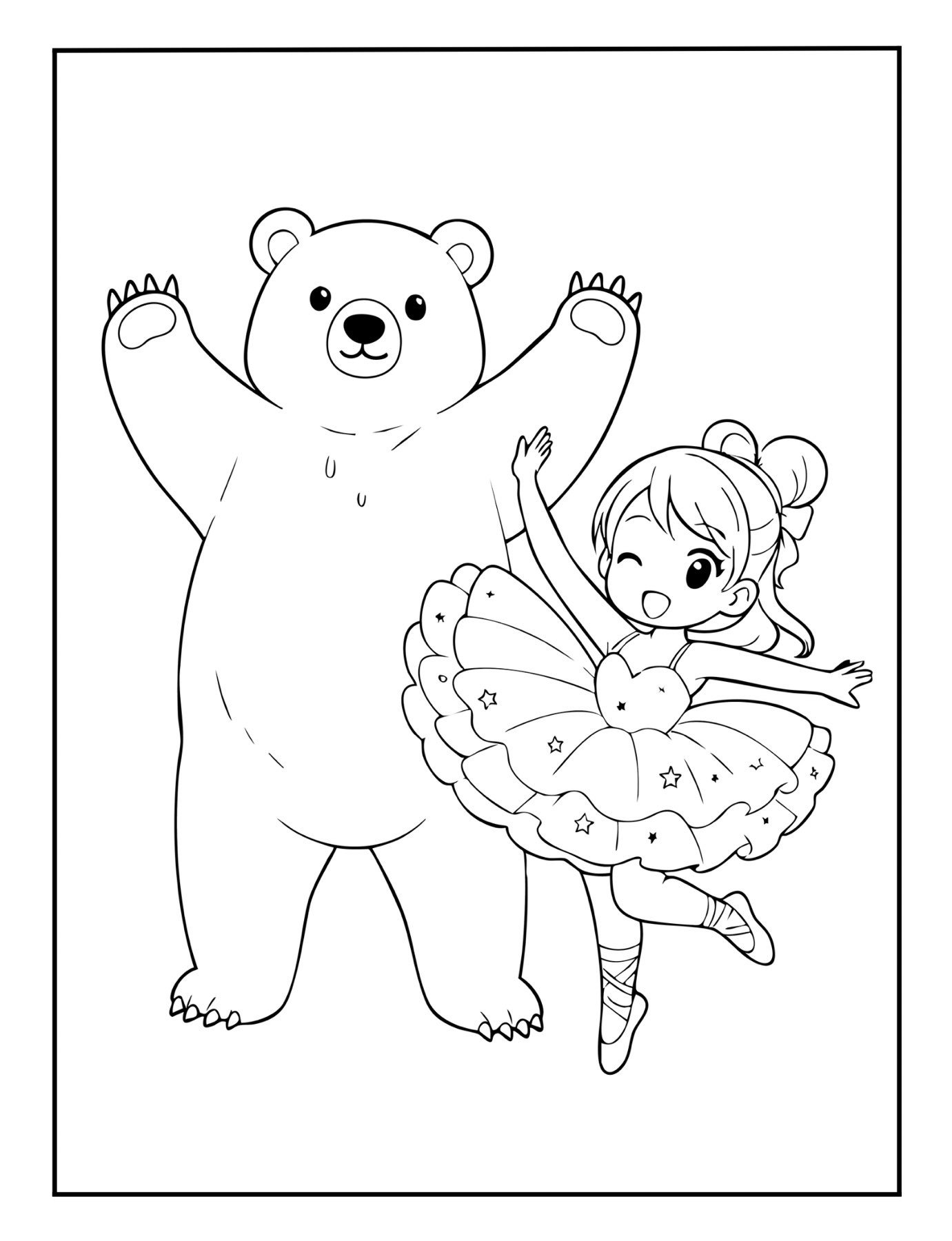 Printable ballerina coloring page of a ballerina dancing beside a big bear.
