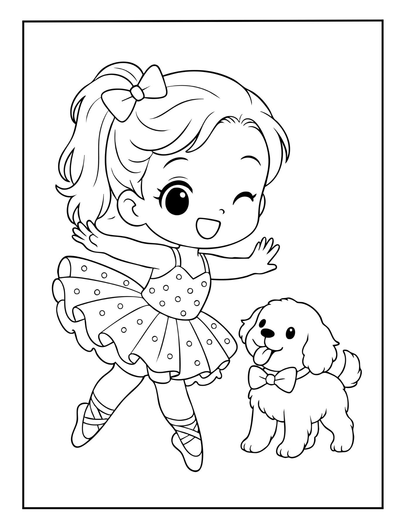 Free ballerina coloring page of a ballerina girl in tutu with her puppy partner.