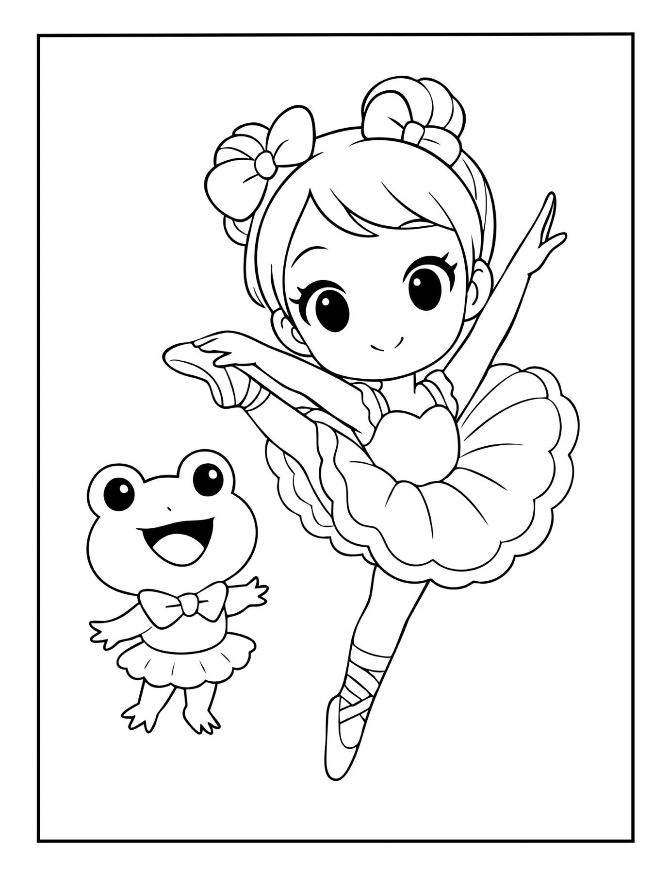 Cute ballerina coloring page showing a ballerina and happy frog in ballet costume.