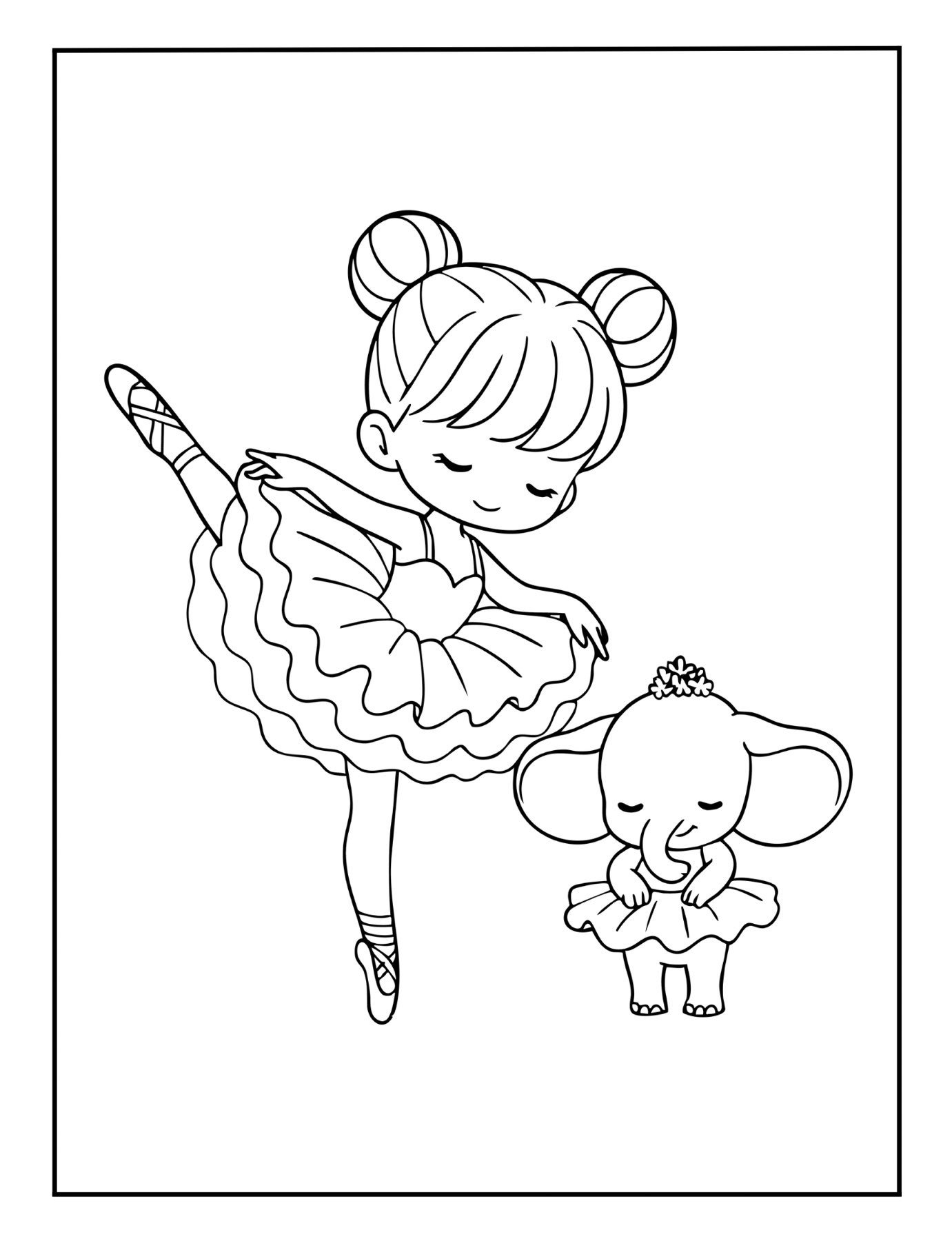 Printable ballerina coloring sheet of a girl dancer with a baby elephant in tutu.