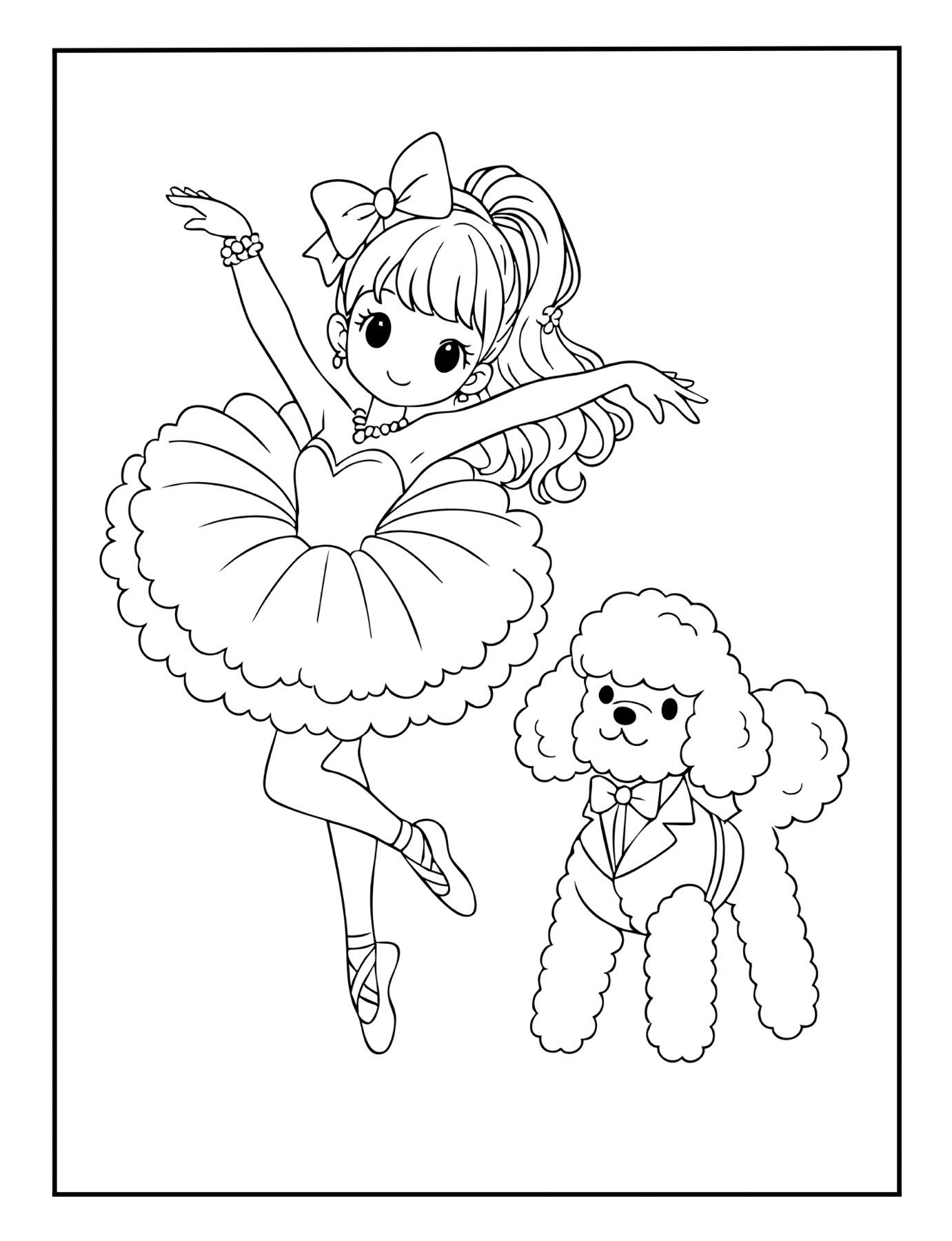 Free ballerina coloring page with a girl dancer and fluffy poodle in a bow tie.
